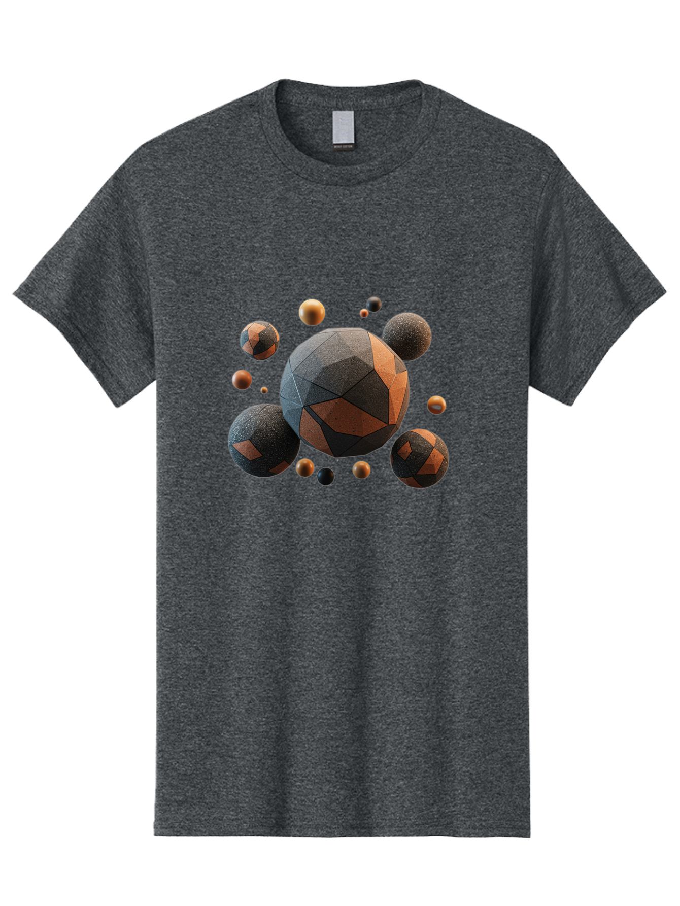 Geometric-Spheres Men'S Graphic Tee, 100% Cotton, Comfortable Casual Summer Wear, Machine Washable, Geometric Shapes, 3D Rendering, Abstract Art, Spherical Forms, Dark Grey And Orange Hues, Futuristic Design, Modern Aesthetic, Bad133