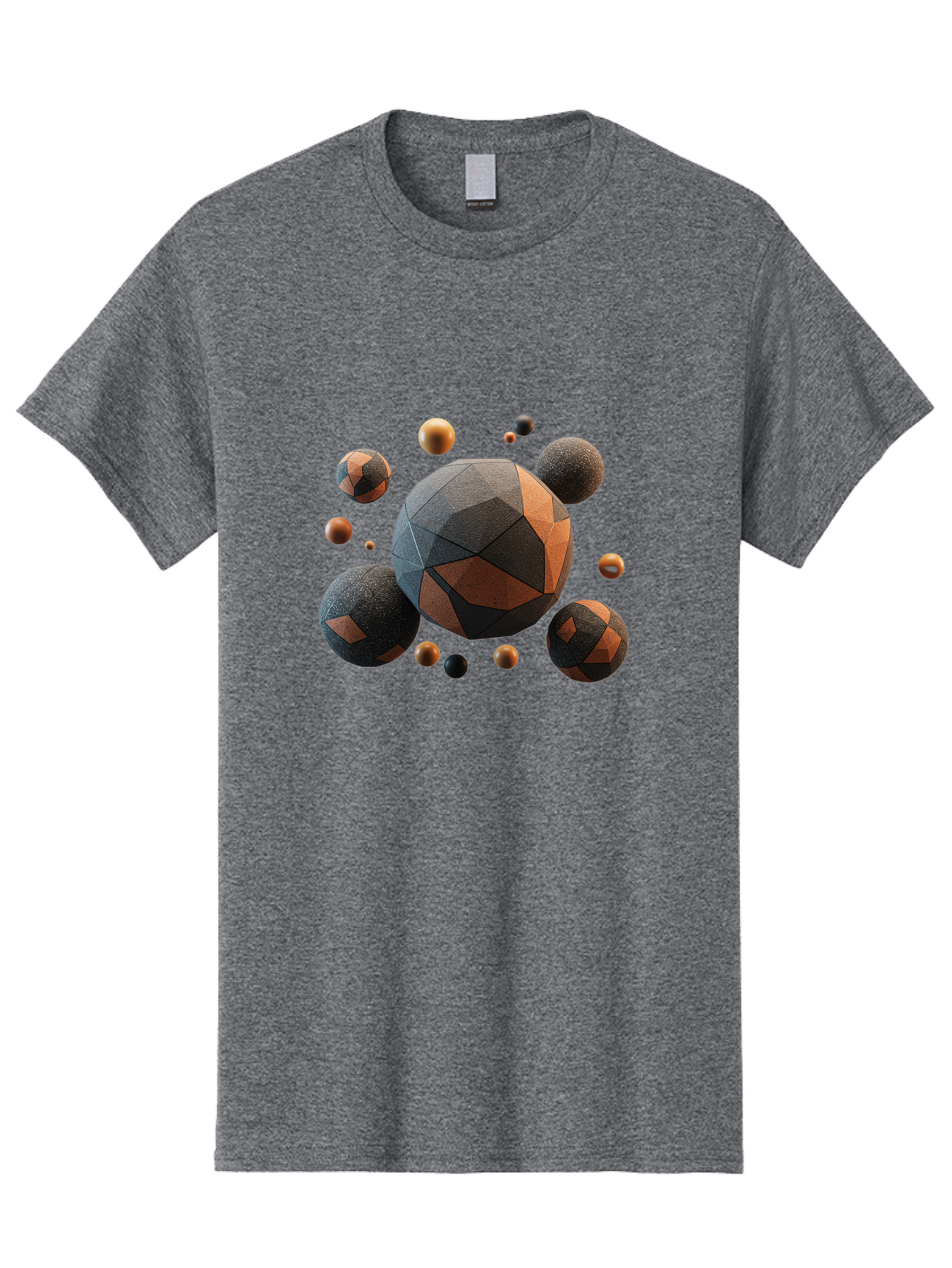 Geometric-Spheres Men'S Graphic Tee, 100% Cotton, Comfortable Casual Summer Wear, Machine Washable, Geometric Shapes, 3D Rendering, Abstract Art, Spherical Forms, Dark Grey And Orange Hues, Futuristic Design, Modern Aesthetic, Bad133
