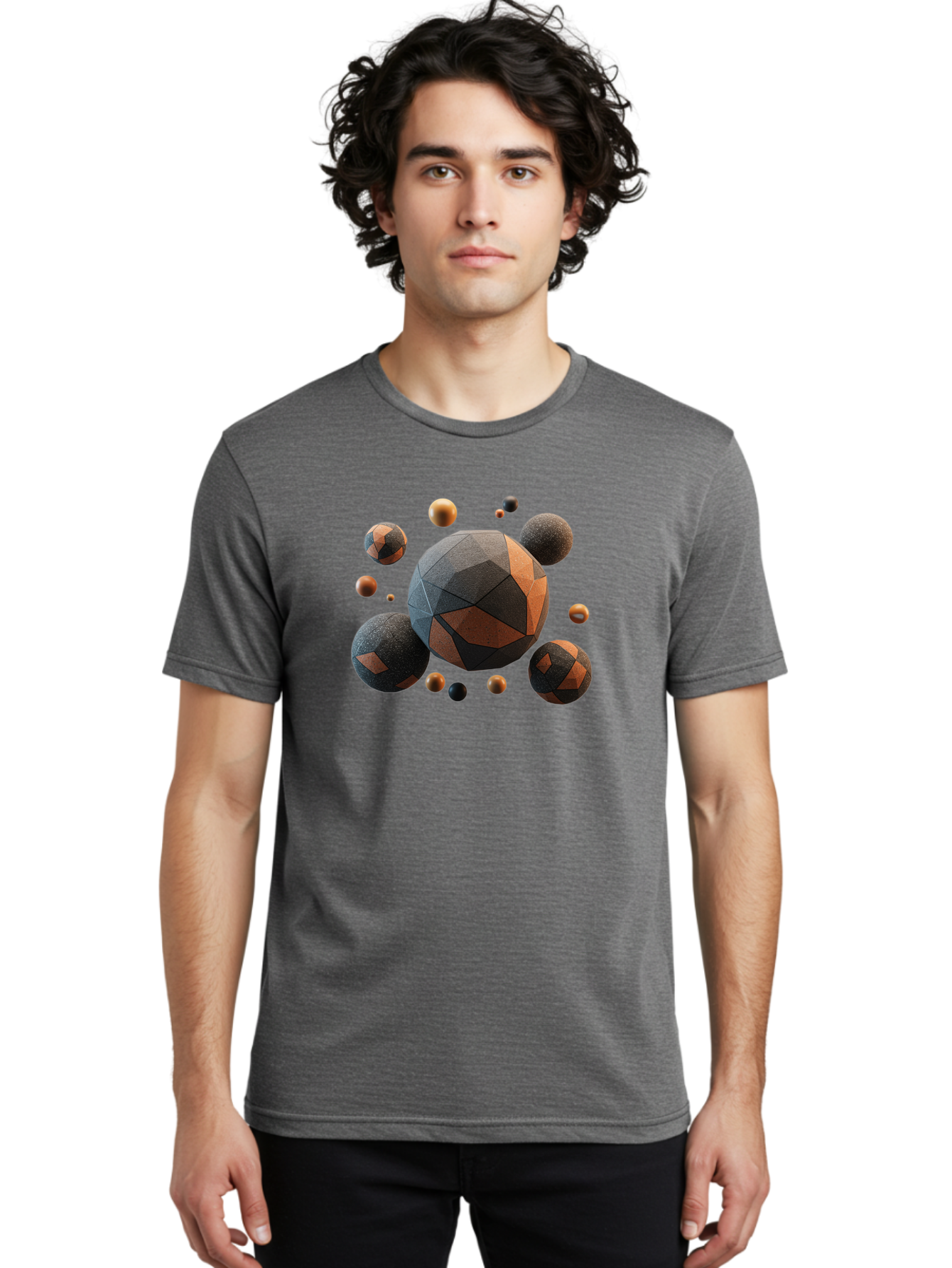 Geometric-Spheres Men'S Graphic Tee, 100% Cotton, Comfortable Casual Summer Wear, Machine Washable, Geometric Shapes, 3D Rendering, Abstract Art, Spherical Forms, Dark Grey And Orange Hues, Futuristic Design, Modern Aesthetic, Bad133