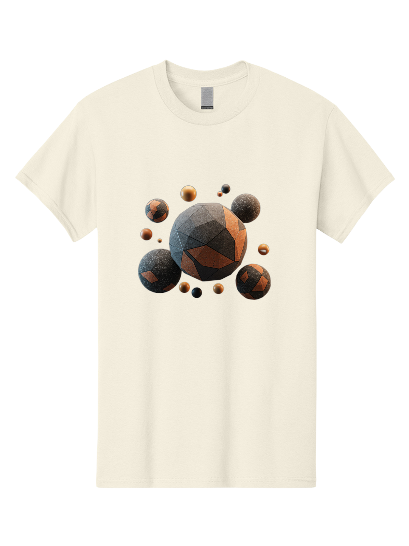 Geometric-Spheres Men'S Graphic Tee, 100% Cotton, Comfortable Casual Summer Wear, Machine Washable, Geometric Shapes, 3D Rendering, Abstract Art, Spherical Forms, Dark Grey And Orange Hues, Futuristic Design, Modern Aesthetic, Bad133