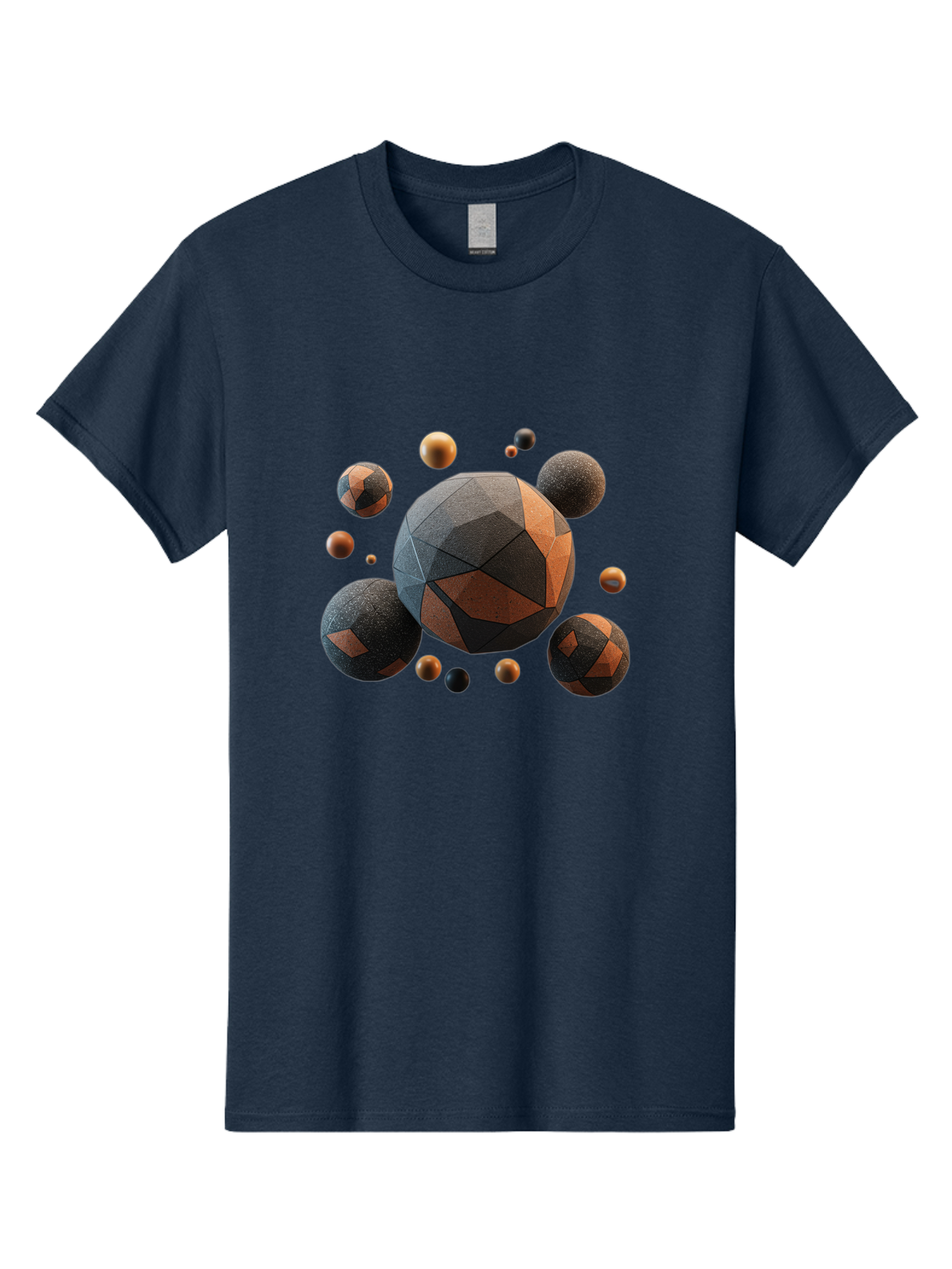 Geometric-Spheres Men'S Graphic Tee, 100% Cotton, Comfortable Casual Summer Wear, Machine Washable, Geometric Shapes, 3D Rendering, Abstract Art, Spherical Forms, Dark Grey And Orange Hues, Futuristic Design, Modern Aesthetic, Bad133