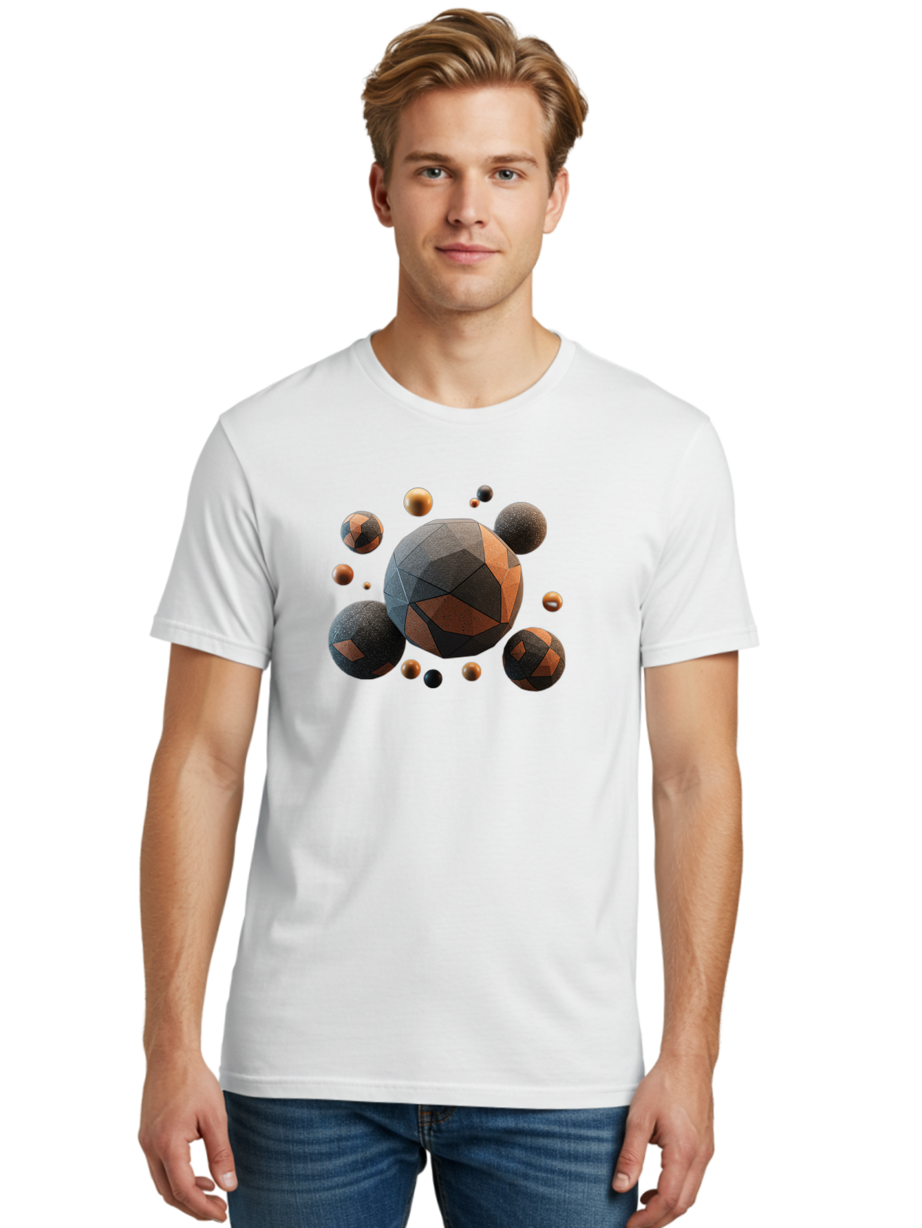 Geometric-Spheres Men'S Graphic Tee, 100% Cotton, Comfortable Casual Summer Wear, Machine Washable, Geometric Shapes, 3D Rendering, Abstract Art, Spherical Forms, Dark Grey And Orange Hues, Futuristic Design, Modern Aesthetic, Bad133
