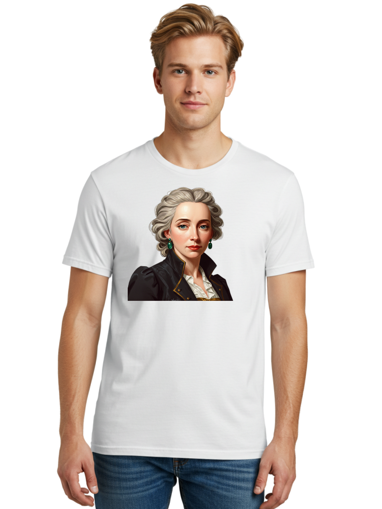 George-Sand Men'S Graphic Tee, 100% Cotton, Comfortable Casual Summer Wear, Machine Washable, Georgiana Cavendish, Duchess Of Devonshire, Historical Figure, Aristocratic Attire, 18Th-Century Fashion, Elegant Earrings, Curly Gray Hair, Bad134