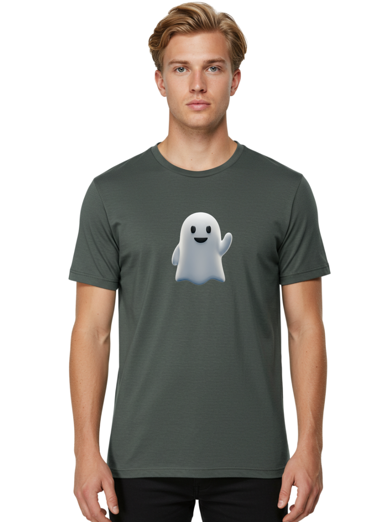 Ghost-Character Men'S Graphic Tee, 100% Cotton, Comfortable Casual Summer Wear, Machine Washable, White Ghost Character, Friendly Ghost, Cute Cartoon Ghost, Happy Face, Waving Hand, 3D Digital Illustration, Spooky Character Design, Bad135