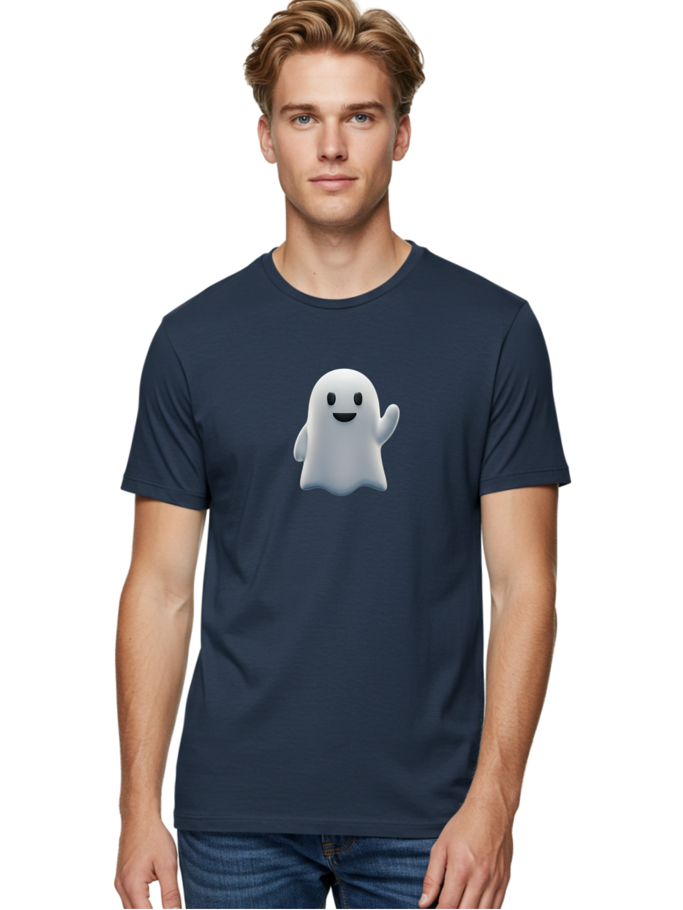 Ghost-Character Men'S Graphic Tee, 100% Cotton, Comfortable Casual Summer Wear, Machine Washable, White Ghost Character, Friendly Ghost, Cute Cartoon Ghost, Happy Face, Waving Hand, 3D Digital Illustration, Spooky Character Design, Bad135