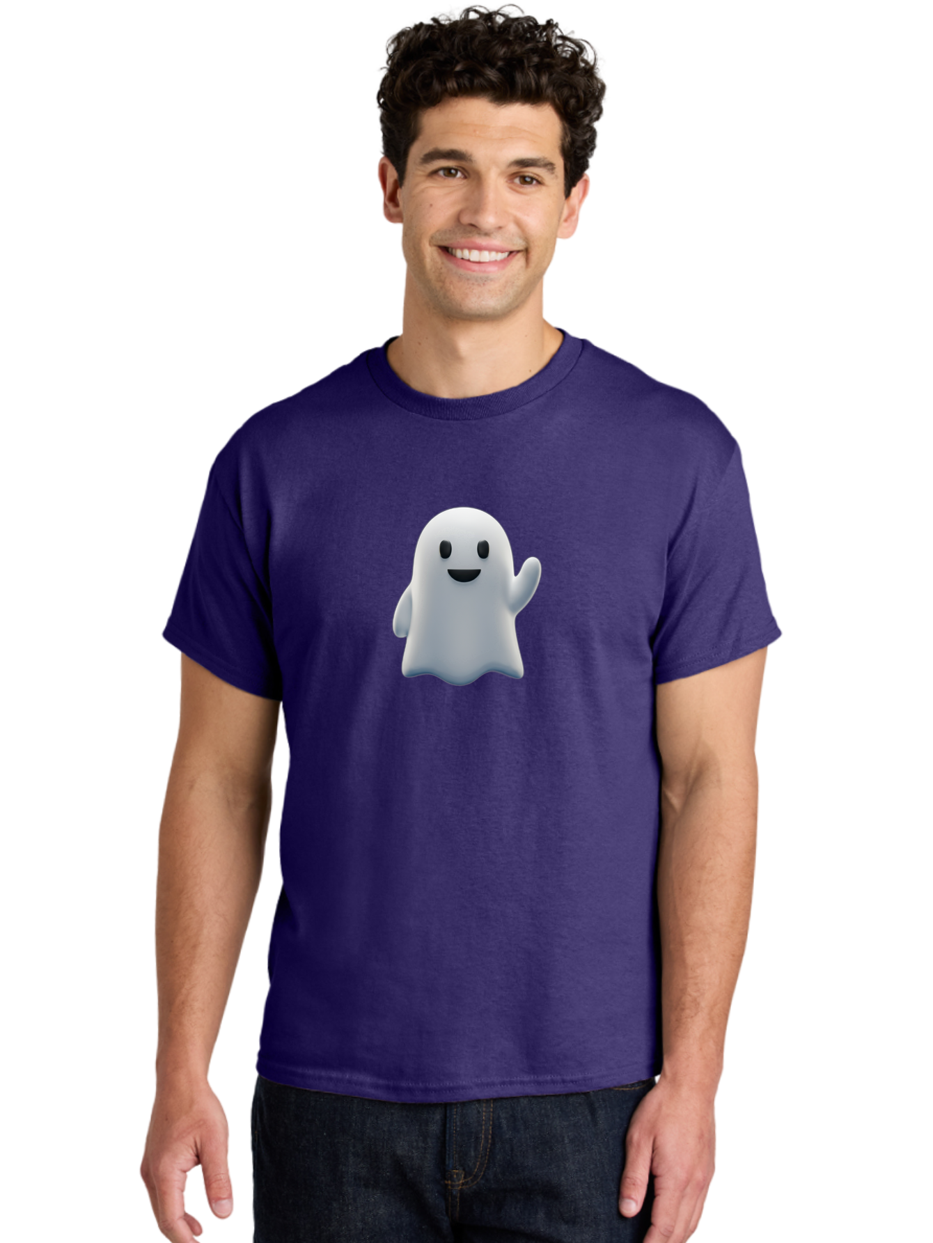 Ghost-Character Men'S Graphic Tee, 100% Cotton, Comfortable Casual Summer Wear, Machine Washable, White Ghost Character, Friendly Ghost, Cute Cartoon Ghost, Happy Face, Waving Hand, 3D Digital Illustration, Spooky Character Design, Bad135