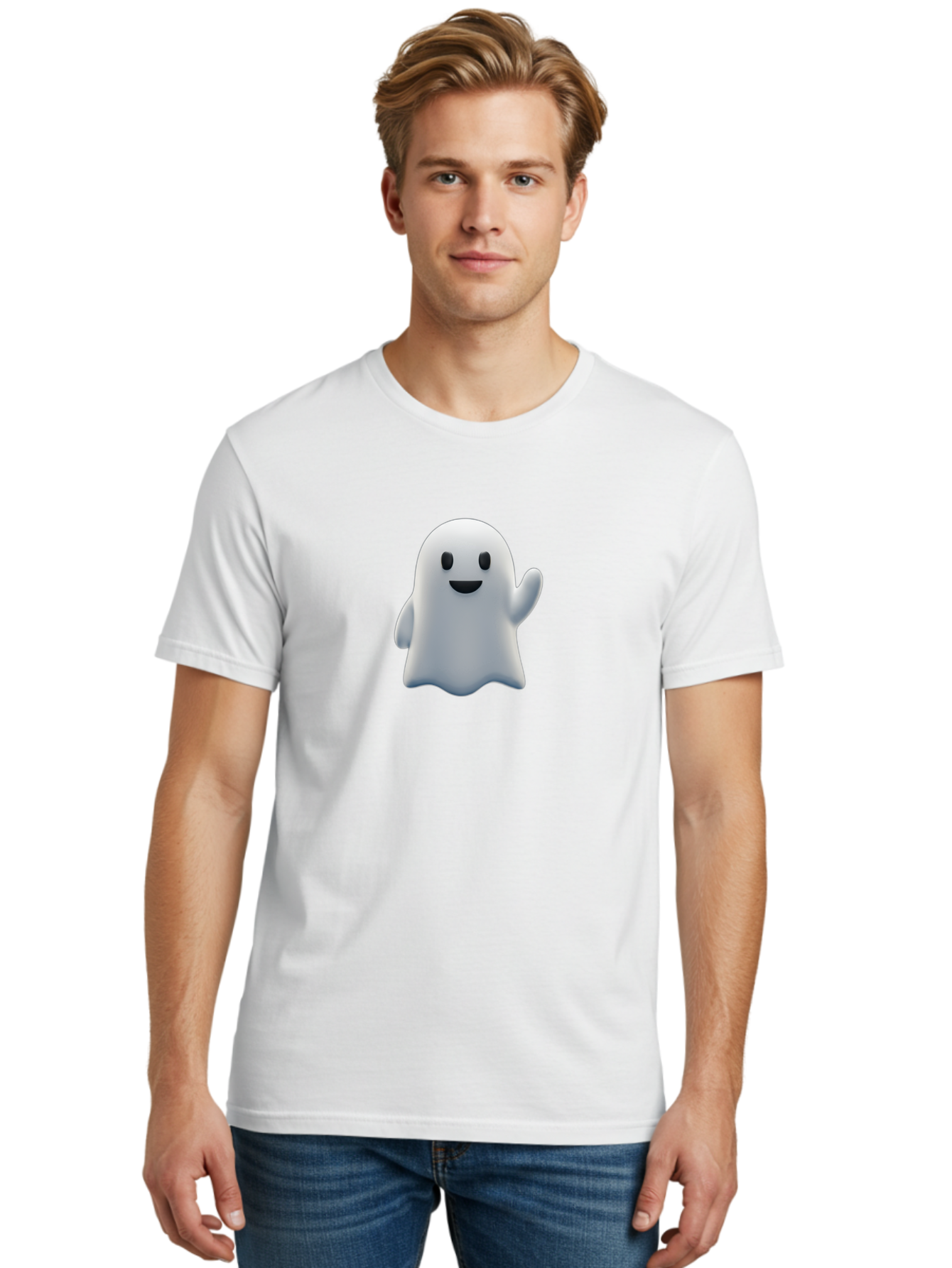 Ghost-Character Men'S Graphic Tee, 100% Cotton, Comfortable Casual Summer Wear, Machine Washable, White Ghost Character, Friendly Ghost, Cute Cartoon Ghost, Happy Face, Waving Hand, 3D Digital Illustration, Spooky Character Design, Bad135