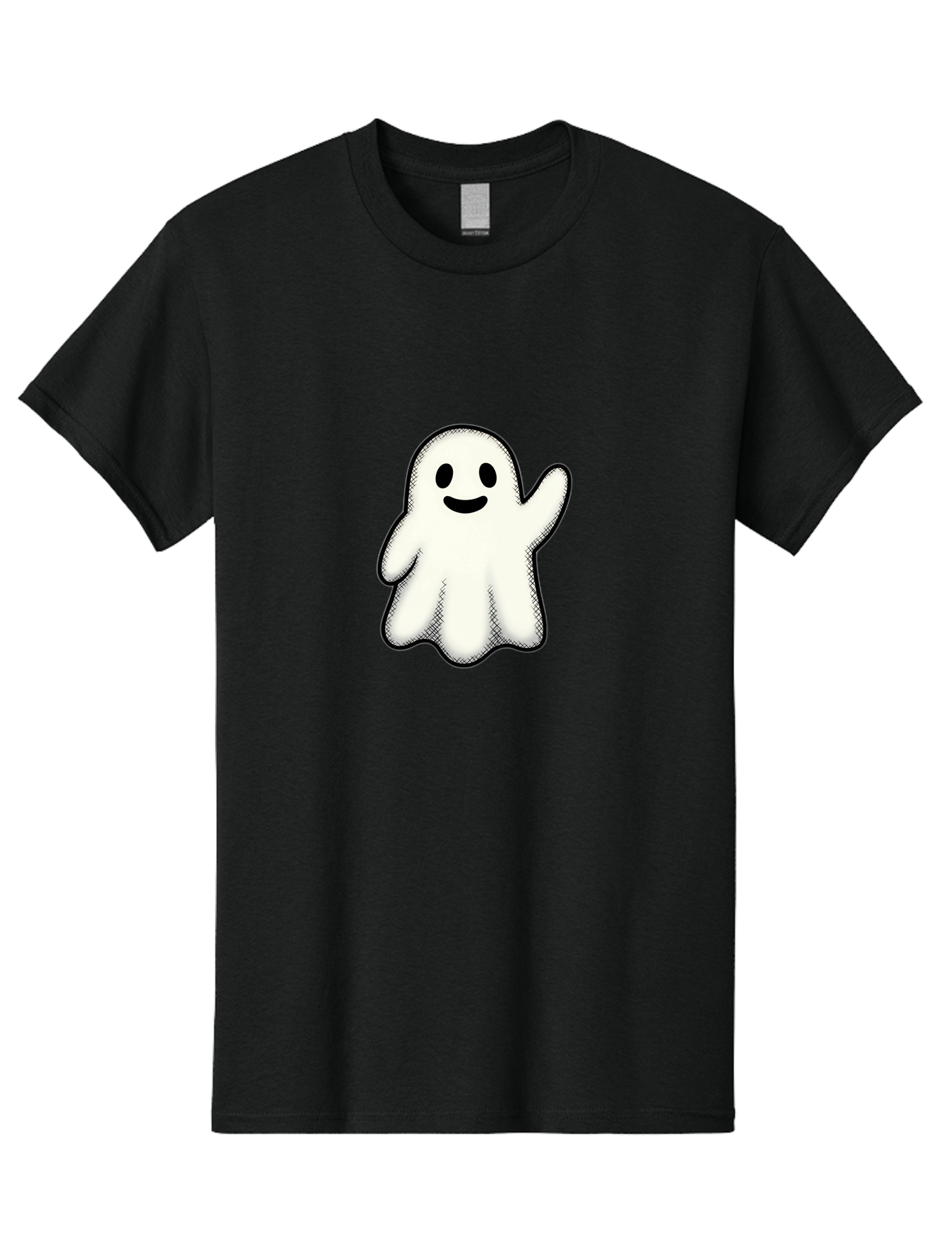 Ghost Men'S Graphic Tee, 100% Cotton, Comfortable Casual Summer Wear, Machine Washable, Cartoon Ghost, Friendly Spirit, White Ghost Character, Smiley Face, Waving Gesture, Simple Illustration, Black Outline, Digital Art, Cute Design, Bad136
