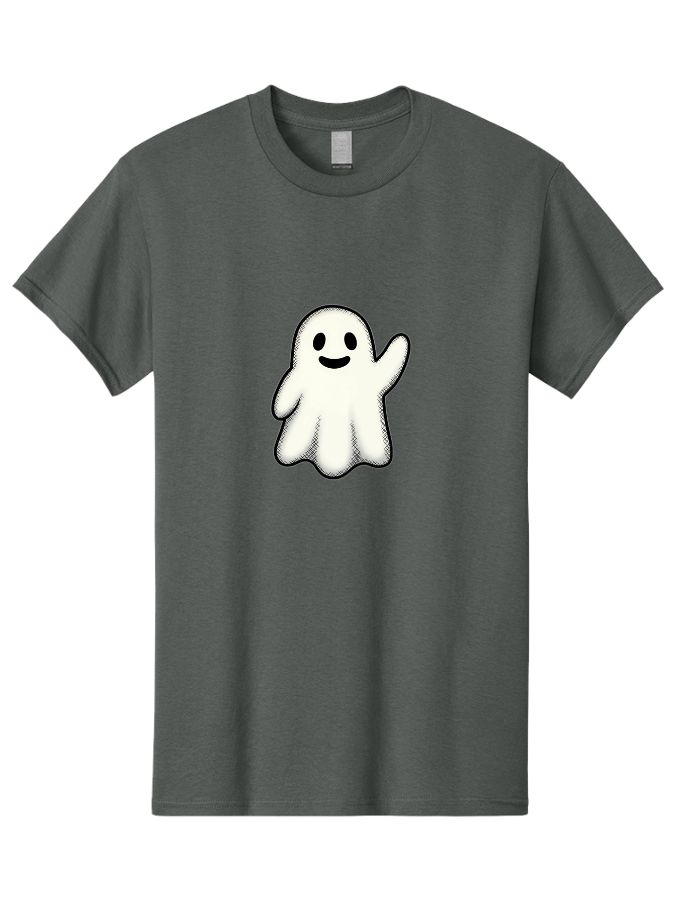 Ghost Men'S Graphic Tee, 100% Cotton, Comfortable Casual Summer Wear, Machine Washable, Cartoon Ghost, Friendly Spirit, White Ghost Character, Smiley Face, Waving Gesture, Simple Illustration, Black Outline, Digital Art, Cute Design, Bad136