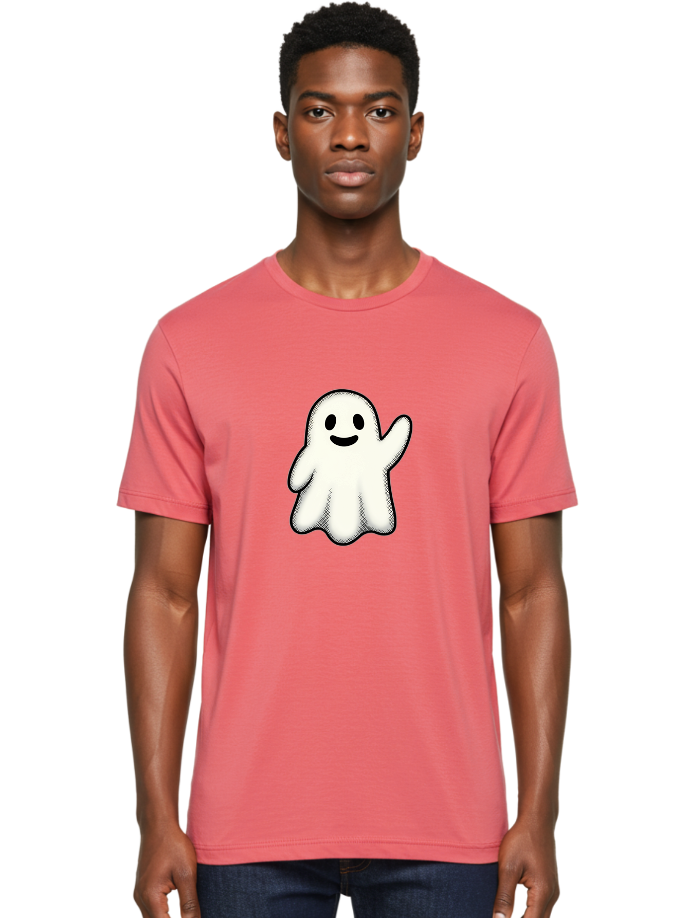Ghost Men'S Graphic Tee, 100% Cotton, Comfortable Casual Summer Wear, Machine Washable, Cartoon Ghost, Friendly Spirit, White Ghost Character, Smiley Face, Waving Gesture, Simple Illustration, Black Outline, Digital Art, Cute Design, Bad136
