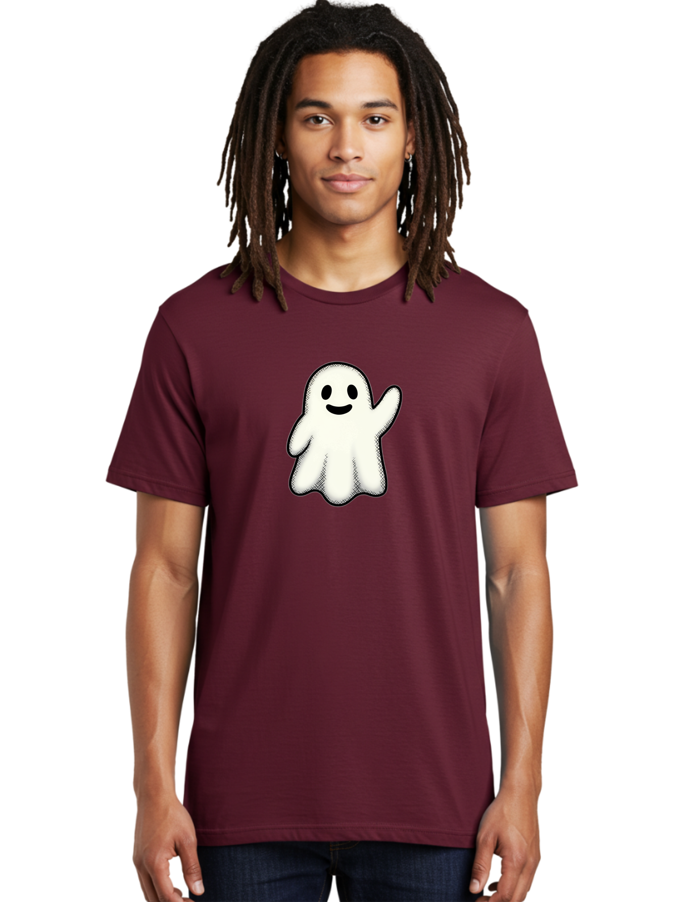 Ghost Men'S Graphic Tee, 100% Cotton, Comfortable Casual Summer Wear, Machine Washable, Cartoon Ghost, Friendly Spirit, White Ghost Character, Smiley Face, Waving Gesture, Simple Illustration, Black Outline, Digital Art, Cute Design, Bad136