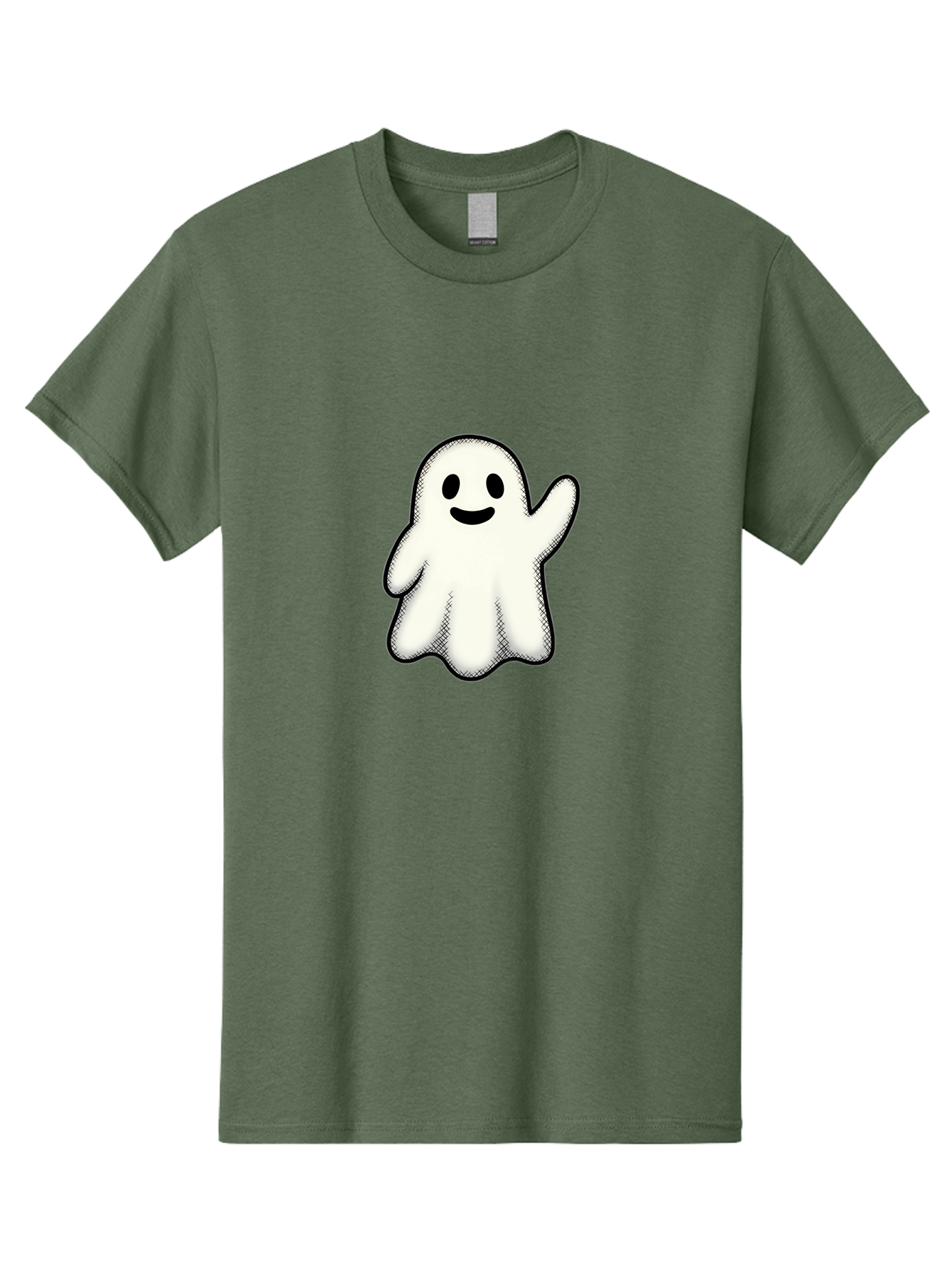 Ghost Men'S Graphic Tee, 100% Cotton, Comfortable Casual Summer Wear, Machine Washable, Cartoon Ghost, Friendly Spirit, White Ghost Character, Smiley Face, Waving Gesture, Simple Illustration, Black Outline, Digital Art, Cute Design, Bad136