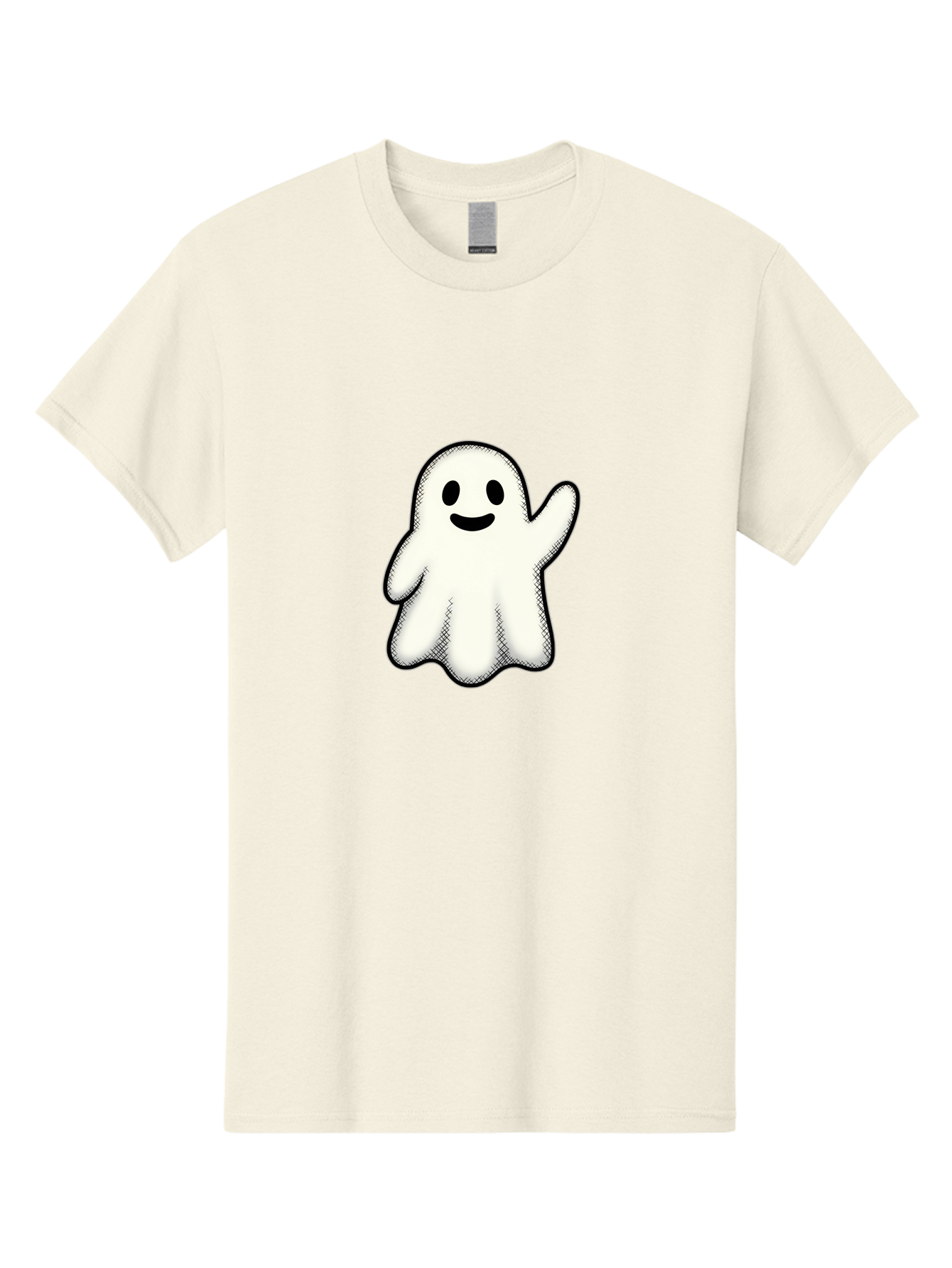 Ghost Men'S Graphic Tee, 100% Cotton, Comfortable Casual Summer Wear, Machine Washable, Cartoon Ghost, Friendly Spirit, White Ghost Character, Smiley Face, Waving Gesture, Simple Illustration, Black Outline, Digital Art, Cute Design, Bad136