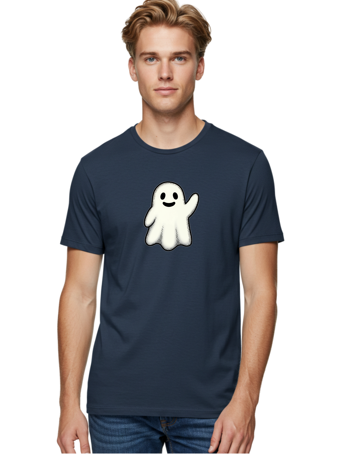 Ghost Men'S Graphic Tee, 100% Cotton, Comfortable Casual Summer Wear, Machine Washable, Cartoon Ghost, Friendly Spirit, White Ghost Character, Smiley Face, Waving Gesture, Simple Illustration, Black Outline, Digital Art, Cute Design, Bad136