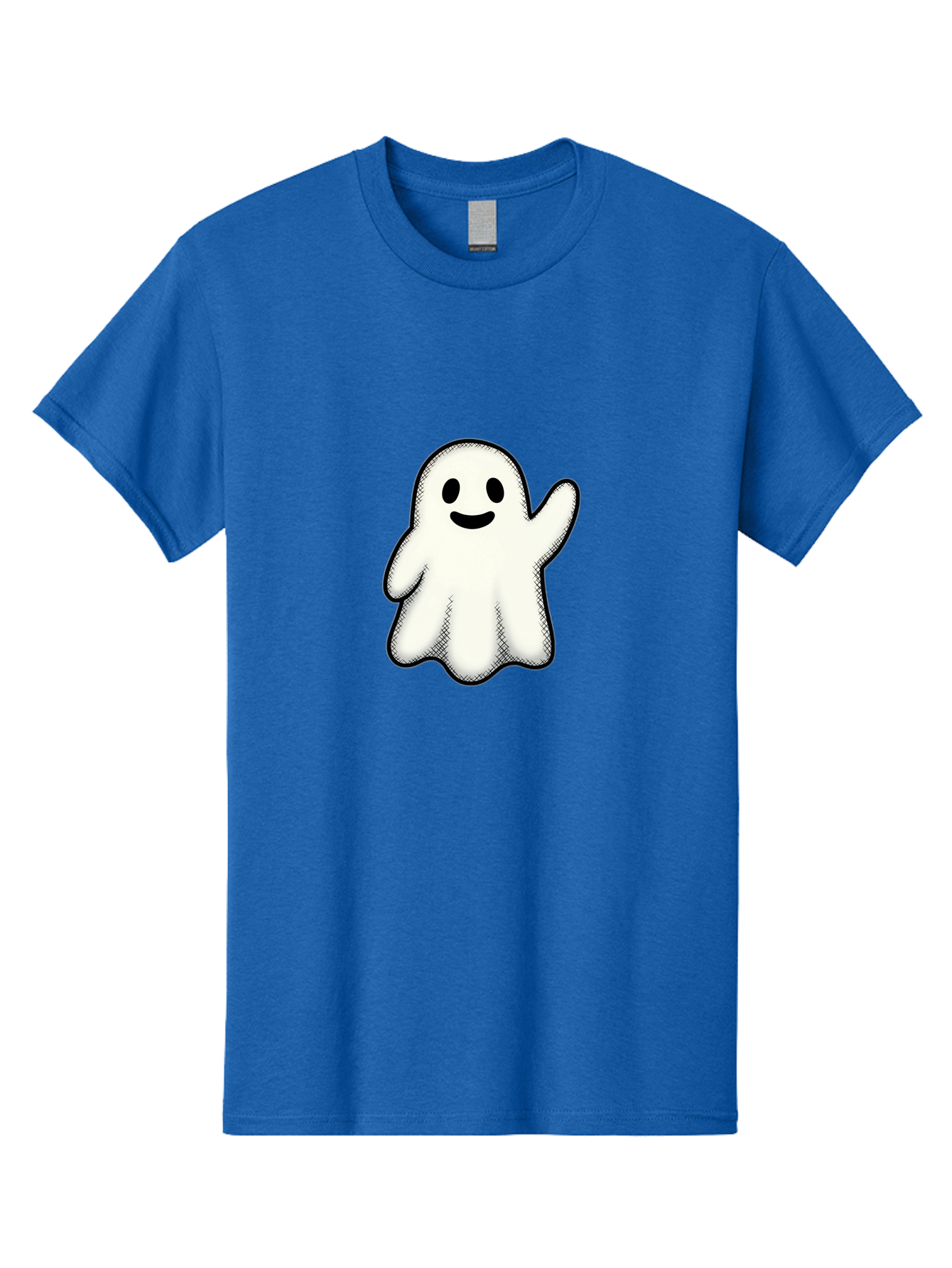 Ghost Men'S Graphic Tee, 100% Cotton, Comfortable Casual Summer Wear, Machine Washable, Cartoon Ghost, Friendly Spirit, White Ghost Character, Smiley Face, Waving Gesture, Simple Illustration, Black Outline, Digital Art, Cute Design, Bad136