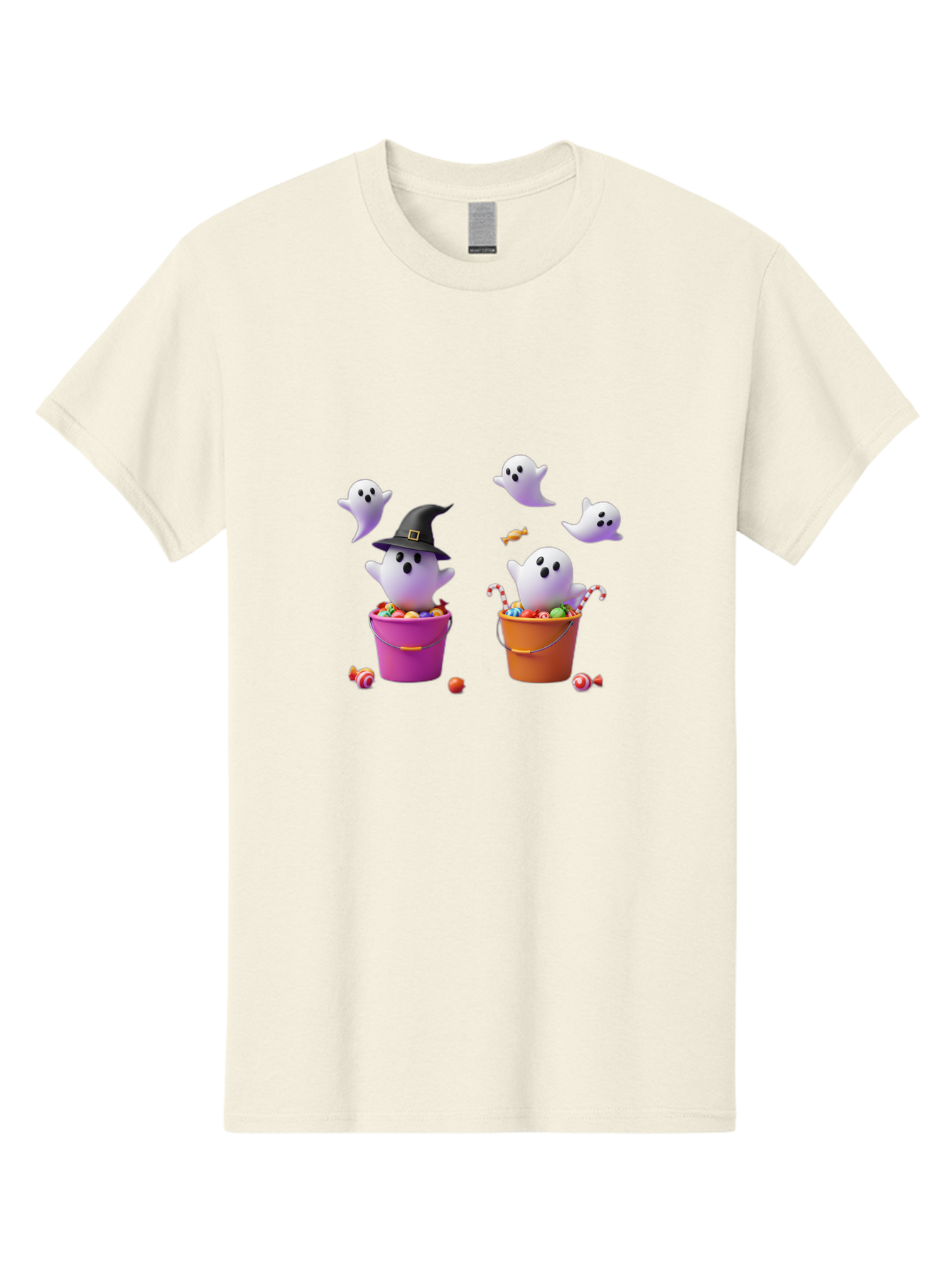 Ghosts-And-Buckets Men'S Graphic Tee, 100% Cotton, Comfortable Casual Summer Wear, Machine Washable, Halloween Ghosts, Candy-Filled Buckets, Witch Hat, Halloween Treats, Trick-Or-Treat, Spooky Decorations, Cartoon Style, Festive Atmosphere Bad137