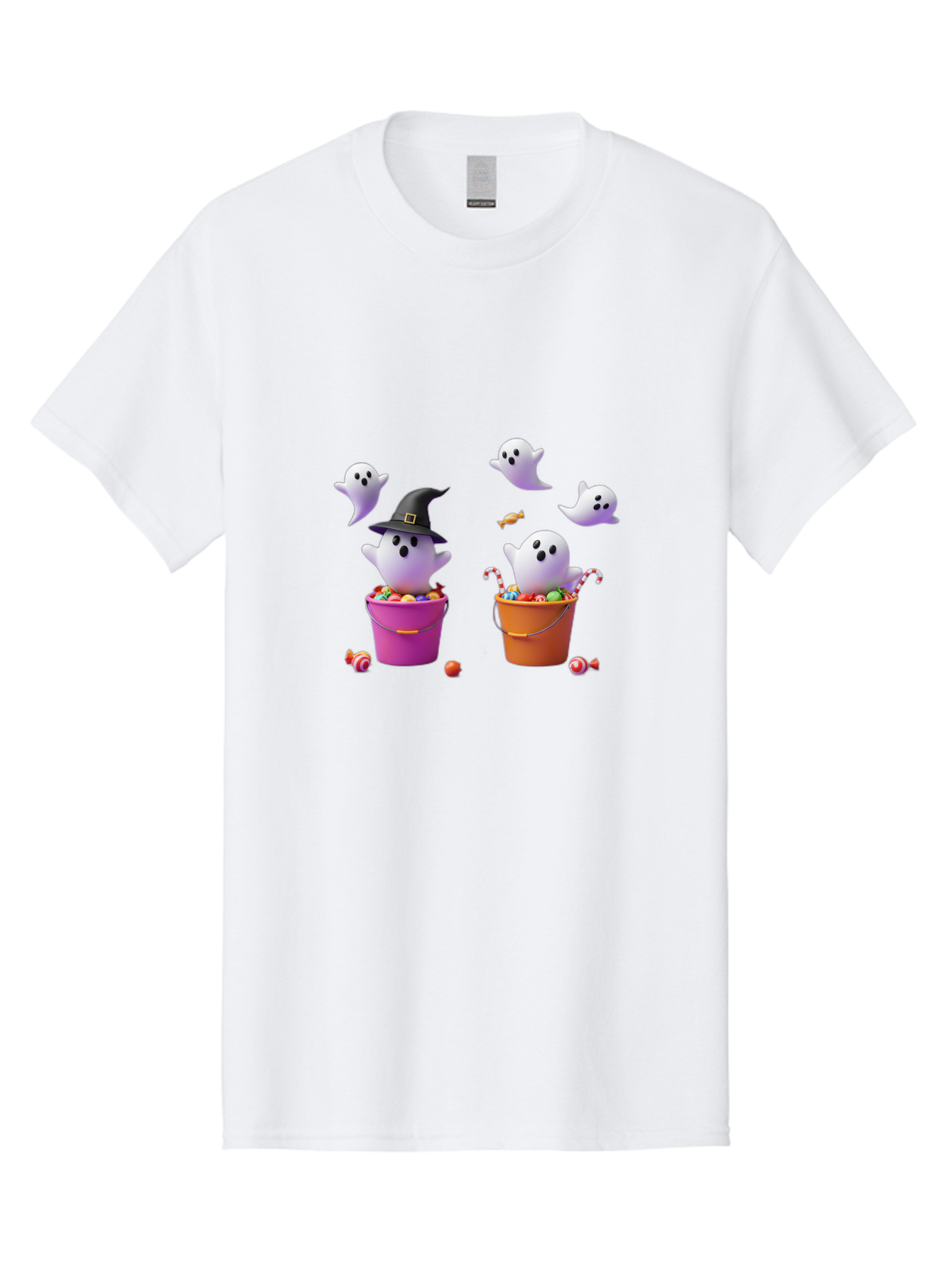 Ghosts-And-Buckets Men'S Graphic Tee, 100% Cotton, Comfortable Casual Summer Wear, Machine Washable, Halloween Ghosts, Candy-Filled Buckets, Witch Hat, Halloween Treats, Trick-Or-Treat, Spooky Decorations, Cartoon Style, Festive Atmosphere Bad137