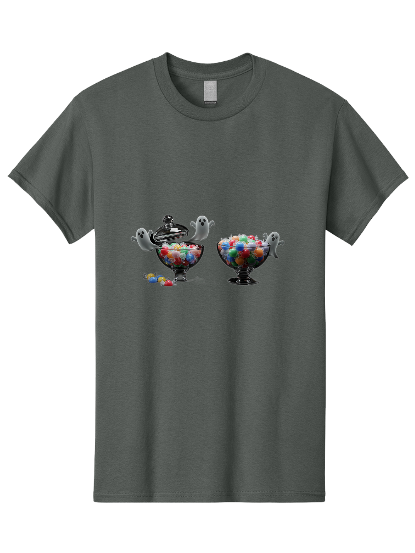 Ghosts-And-Gummies Men'S Graphic Tee, 100% Cotton, Comfortable Casual Summer Wear, Machine Washable, Candy Jars, Colorful Gummies, Halloween Treats, Jelly Beans, Ghostly Figures, Spooky Decorations, Candy Dish, Gummy Candies, Sweet Treats, Bad138
