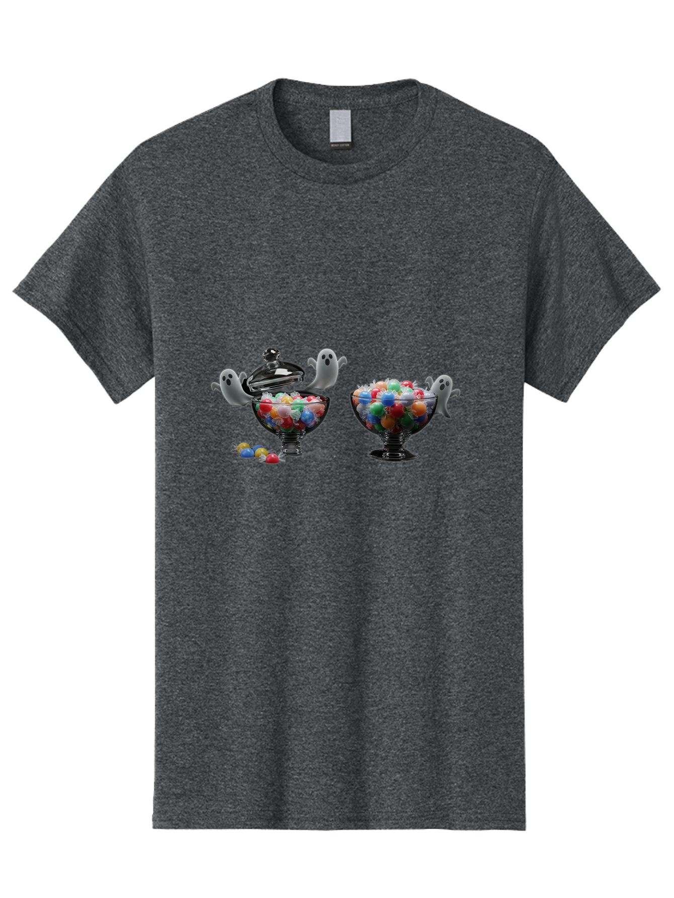 Ghosts-And-Gummies Men'S Graphic Tee, 100% Cotton, Comfortable Casual Summer Wear, Machine Washable, Candy Jars, Colorful Gummies, Halloween Treats, Jelly Beans, Ghostly Figures, Spooky Decorations, Candy Dish, Gummy Candies, Sweet Treats, Bad138