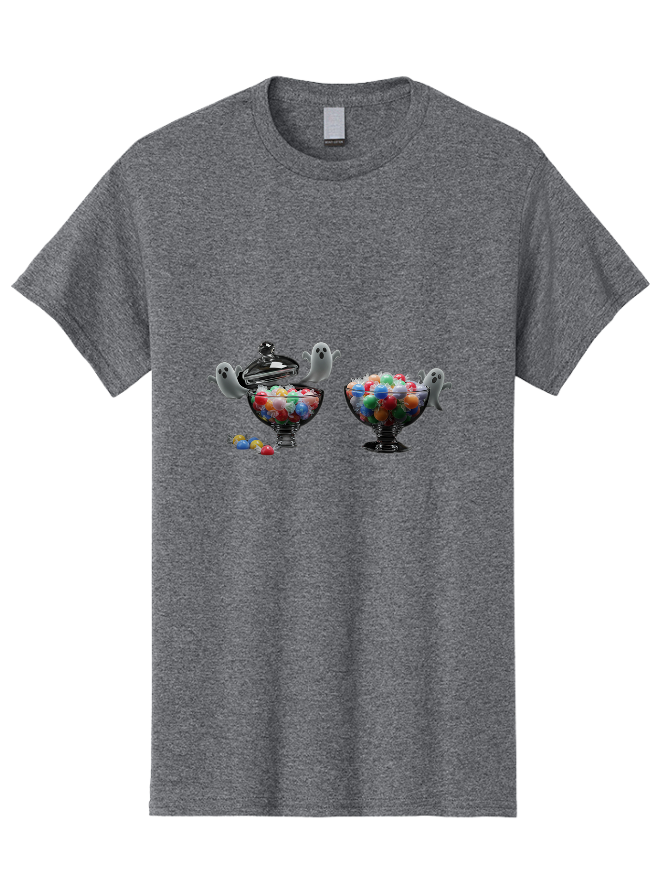 Ghosts-And-Gummies Men'S Graphic Tee, 100% Cotton, Comfortable Casual Summer Wear, Machine Washable, Candy Jars, Colorful Gummies, Halloween Treats, Jelly Beans, Ghostly Figures, Spooky Decorations, Candy Dish, Gummy Candies, Sweet Treats, Bad138