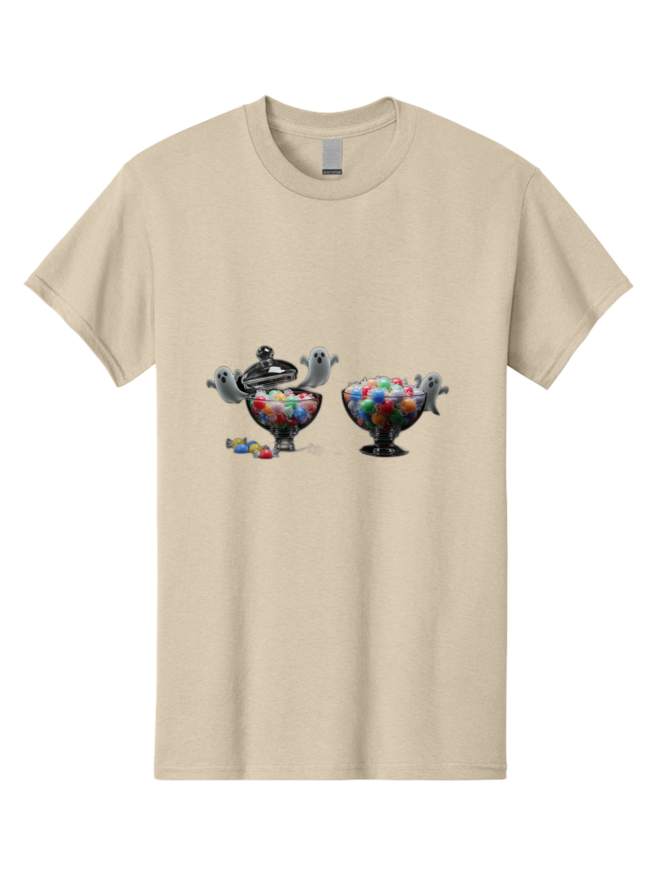 Ghosts-And-Gummies Men'S Graphic Tee, 100% Cotton, Comfortable Casual Summer Wear, Machine Washable, Candy Jars, Colorful Gummies, Halloween Treats, Jelly Beans, Ghostly Figures, Spooky Decorations, Candy Dish, Gummy Candies, Sweet Treats, Bad138