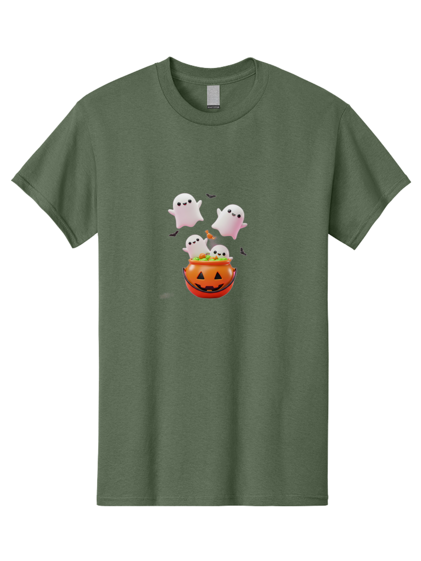Ghosts-And-Jack-O-Lantern Men'S Graphic Tee, 100% Cotton, Comfortable Casual Summer Wear, Machine Washable, Halloween Ghosts, Candy Bucket, Pumpkin Decoration, Spooky Atmosphere, Cartoon-Style Illustration, Halloween Treats, Bad139