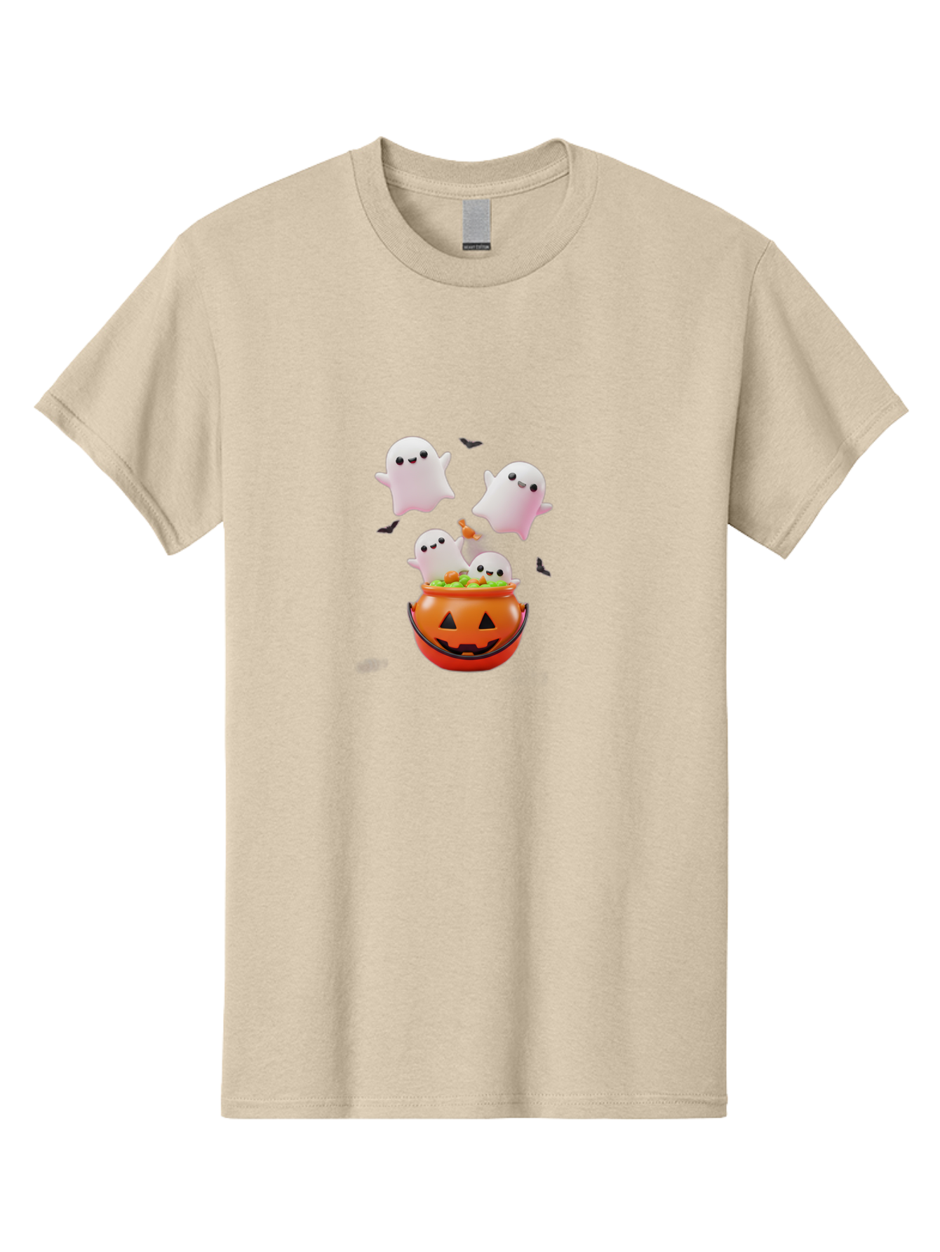 Ghosts-And-Jack-O-Lantern Men'S Graphic Tee, 100% Cotton, Comfortable Casual Summer Wear, Machine Washable, Halloween Ghosts, Candy Bucket, Pumpkin Decoration, Spooky Atmosphere, Cartoon-Style Illustration, Halloween Treats, Bad139