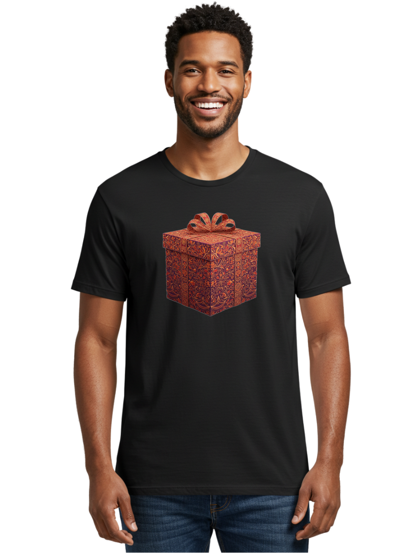 Gift-Box-1 Men'S Graphic Tee, 100% Cotton, Comfortable Casual Summer Wear, Machine Washable, Gift Box With Ribbon, Luxury Gift Wrapping, Red And Orange Floral Pattern, Beautiful Presentation, Intricate Designs, Gift Giving, Special Occasion Bad140