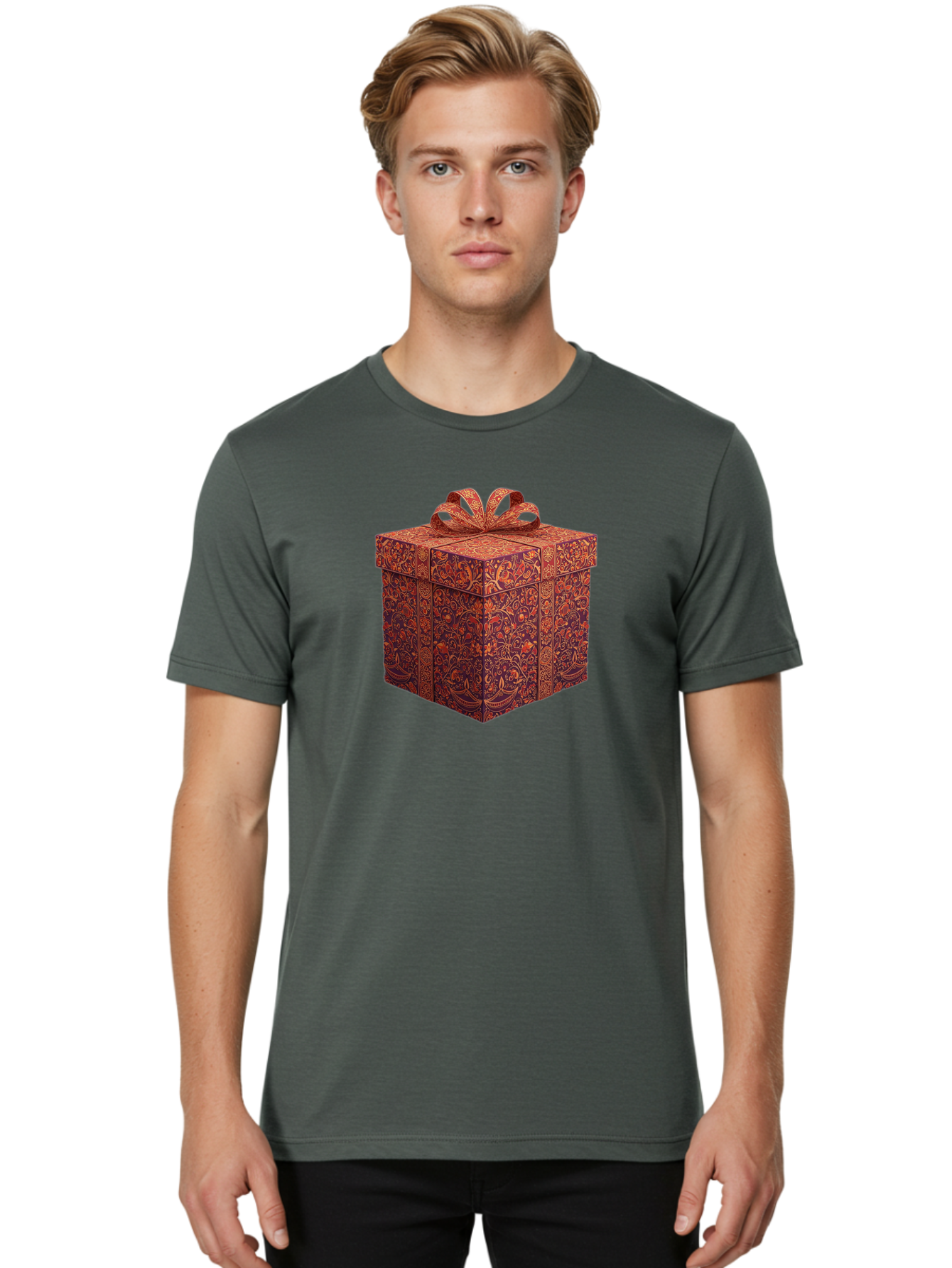 Gift-Box-1 Men'S Graphic Tee, 100% Cotton, Comfortable Casual Summer Wear, Machine Washable, Gift Box With Ribbon, Luxury Gift Wrapping, Red And Orange Floral Pattern, Beautiful Presentation, Intricate Designs, Gift Giving, Special Occasion Bad140