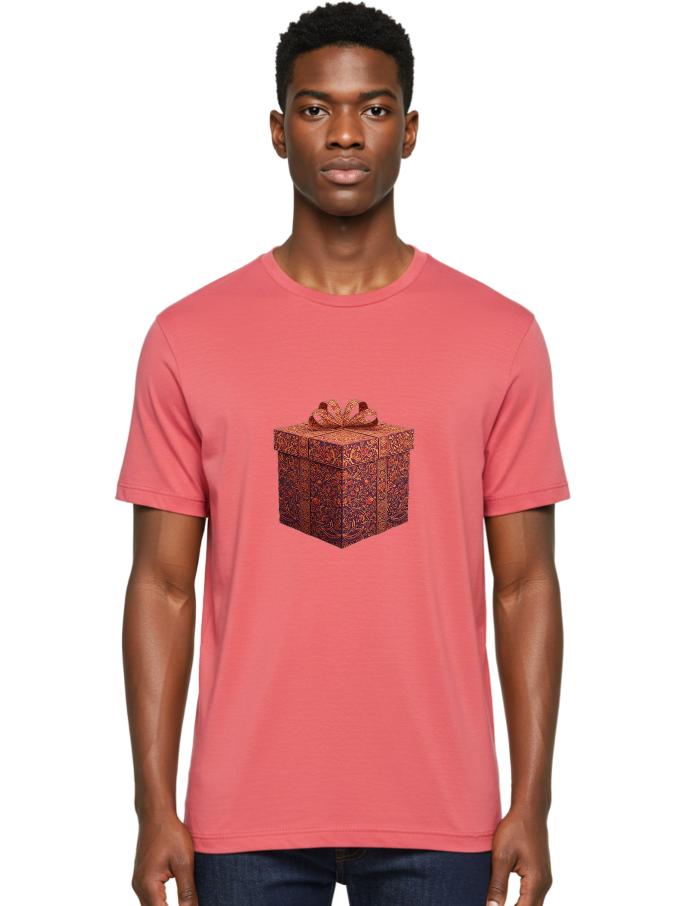 Gift-Box-1 Men'S Graphic Tee, 100% Cotton, Comfortable Casual Summer Wear, Machine Washable, Gift Box With Ribbon, Luxury Gift Wrapping, Red And Orange Floral Pattern, Beautiful Presentation, Intricate Designs, Gift Giving, Special Occasion Bad140