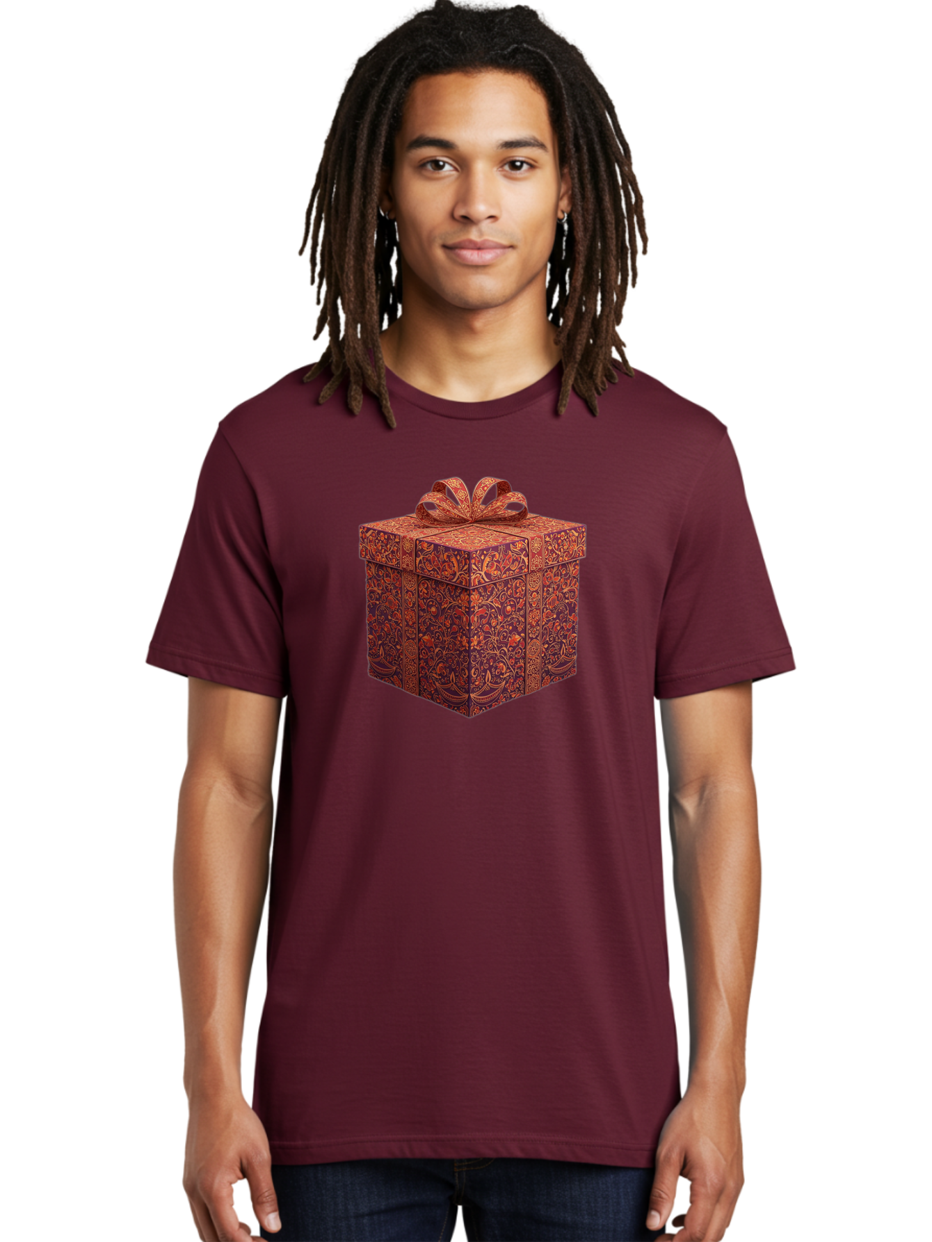 Gift-Box-1 Men'S Graphic Tee, 100% Cotton, Comfortable Casual Summer Wear, Machine Washable, Gift Box With Ribbon, Luxury Gift Wrapping, Red And Orange Floral Pattern, Beautiful Presentation, Intricate Designs, Gift Giving, Special Occasion Bad140
