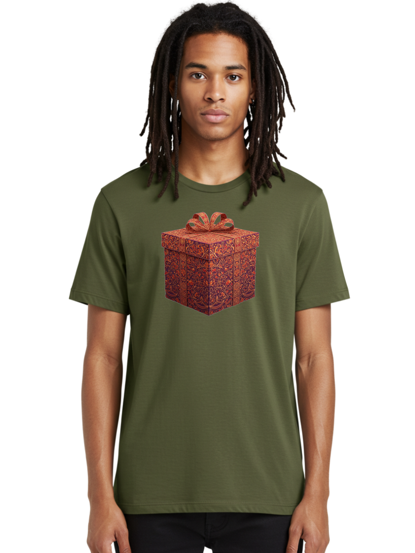 Gift-Box-1 Men'S Graphic Tee, 100% Cotton, Comfortable Casual Summer Wear, Machine Washable, Gift Box With Ribbon, Luxury Gift Wrapping, Red And Orange Floral Pattern, Beautiful Presentation, Intricate Designs, Gift Giving, Special Occasion Bad140