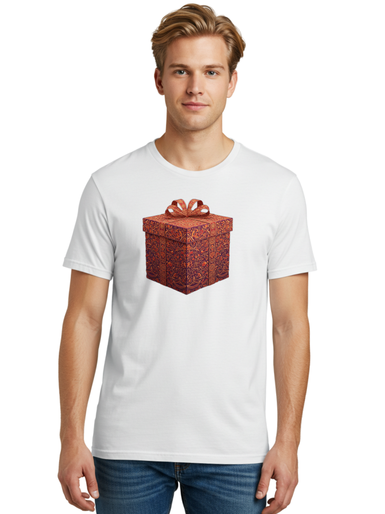 Gift-Box-1 Men'S Graphic Tee, 100% Cotton, Comfortable Casual Summer Wear, Machine Washable, Gift Box With Ribbon, Luxury Gift Wrapping, Red And Orange Floral Pattern, Beautiful Presentation, Intricate Designs, Gift Giving, Special Occasion Bad140