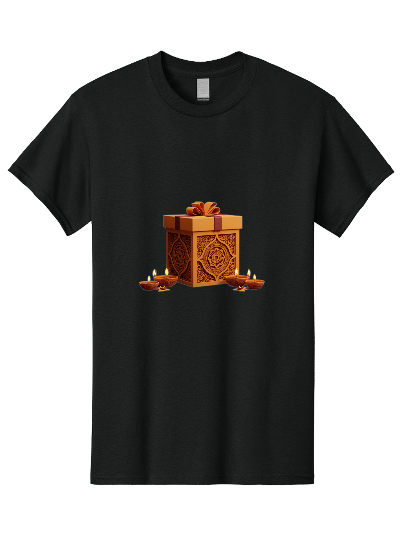 Gift-Box-With-Diyas-1 Men'S Graphic Tee, 100% Cotton, Comfortable Casual Summer Wear, Machine Washable, Gift Box, Diyas, Diwali Decorations, Traditional Indian Lamps, Festive Atmosphere, Golden Gift, Intricate Designs, Celebratory Ambiance, Bad141