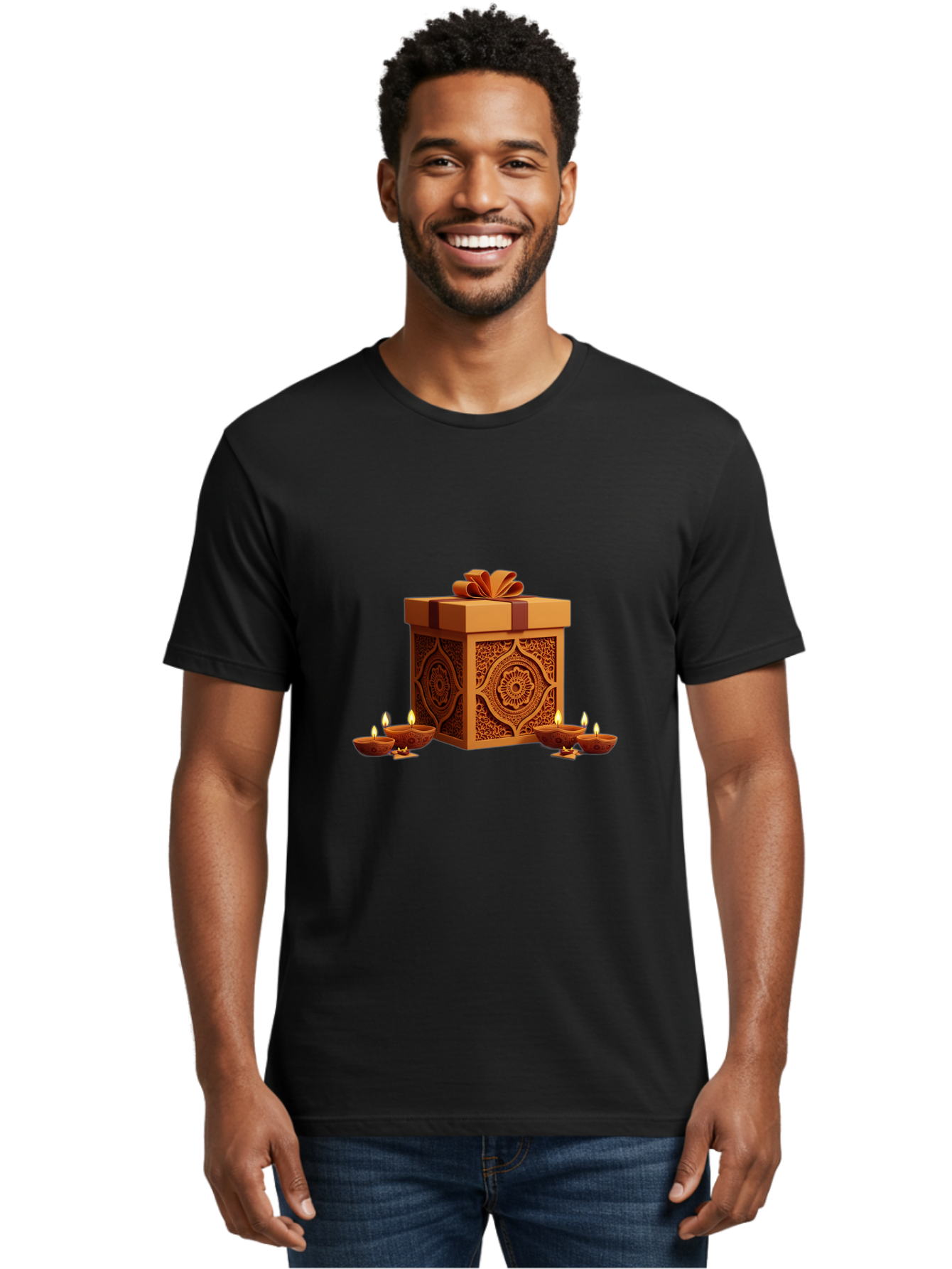 Gift-Box-With-Diyas-1 Men'S Graphic Tee, 100% Cotton, Comfortable Casual Summer Wear, Machine Washable, Gift Box, Diyas, Diwali Decorations, Traditional Indian Lamps, Festive Atmosphere, Golden Gift, Intricate Designs, Celebratory Ambiance, Bad141