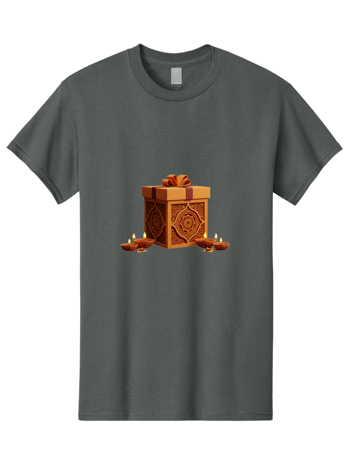 Gift-Box-With-Diyas-1 Men'S Graphic Tee, 100% Cotton, Comfortable Casual Summer Wear, Machine Washable, Gift Box, Diyas, Diwali Decorations, Traditional Indian Lamps, Festive Atmosphere, Golden Gift, Intricate Designs, Celebratory Ambiance, Bad141