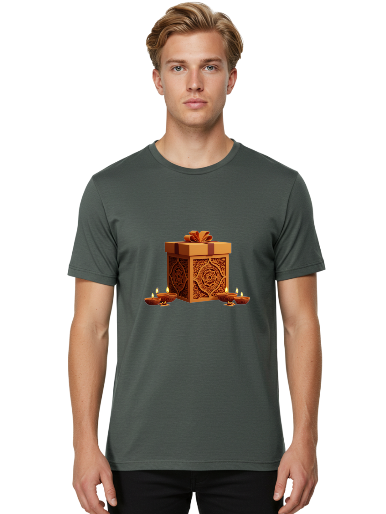 Gift-Box-With-Diyas-1 Men'S Graphic Tee, 100% Cotton, Comfortable Casual Summer Wear, Machine Washable, Gift Box, Diyas, Diwali Decorations, Traditional Indian Lamps, Festive Atmosphere, Golden Gift, Intricate Designs, Celebratory Ambiance, Bad141
