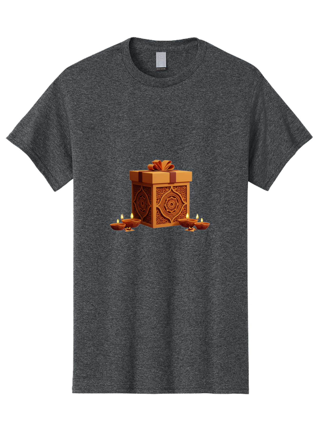 Gift-Box-With-Diyas-1 Men'S Graphic Tee, 100% Cotton, Comfortable Casual Summer Wear, Machine Washable, Gift Box, Diyas, Diwali Decorations, Traditional Indian Lamps, Festive Atmosphere, Golden Gift, Intricate Designs, Celebratory Ambiance, Bad141