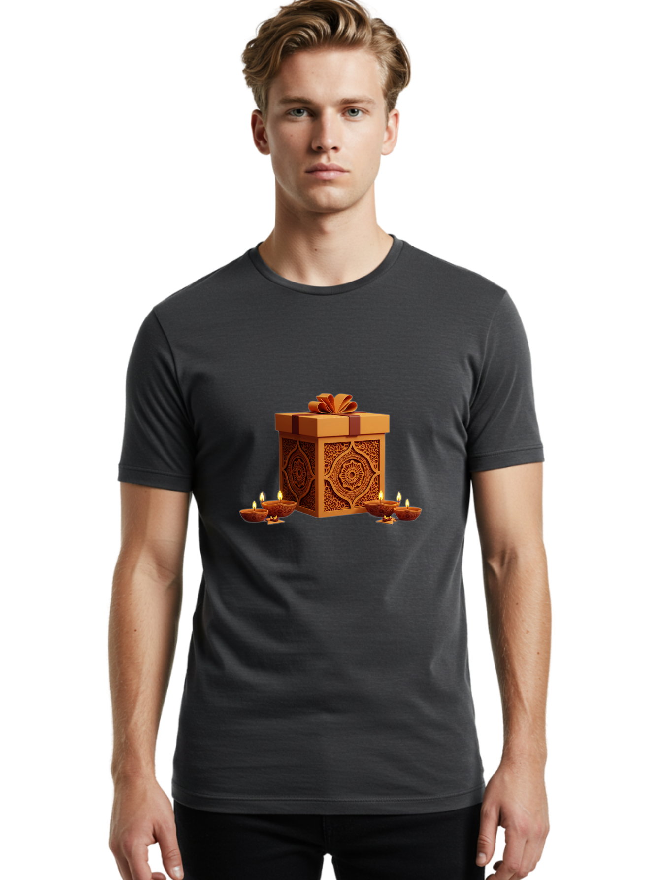 Gift-Box-With-Diyas-1 Men'S Graphic Tee, 100% Cotton, Comfortable Casual Summer Wear, Machine Washable, Gift Box, Diyas, Diwali Decorations, Traditional Indian Lamps, Festive Atmosphere, Golden Gift, Intricate Designs, Celebratory Ambiance, Bad141