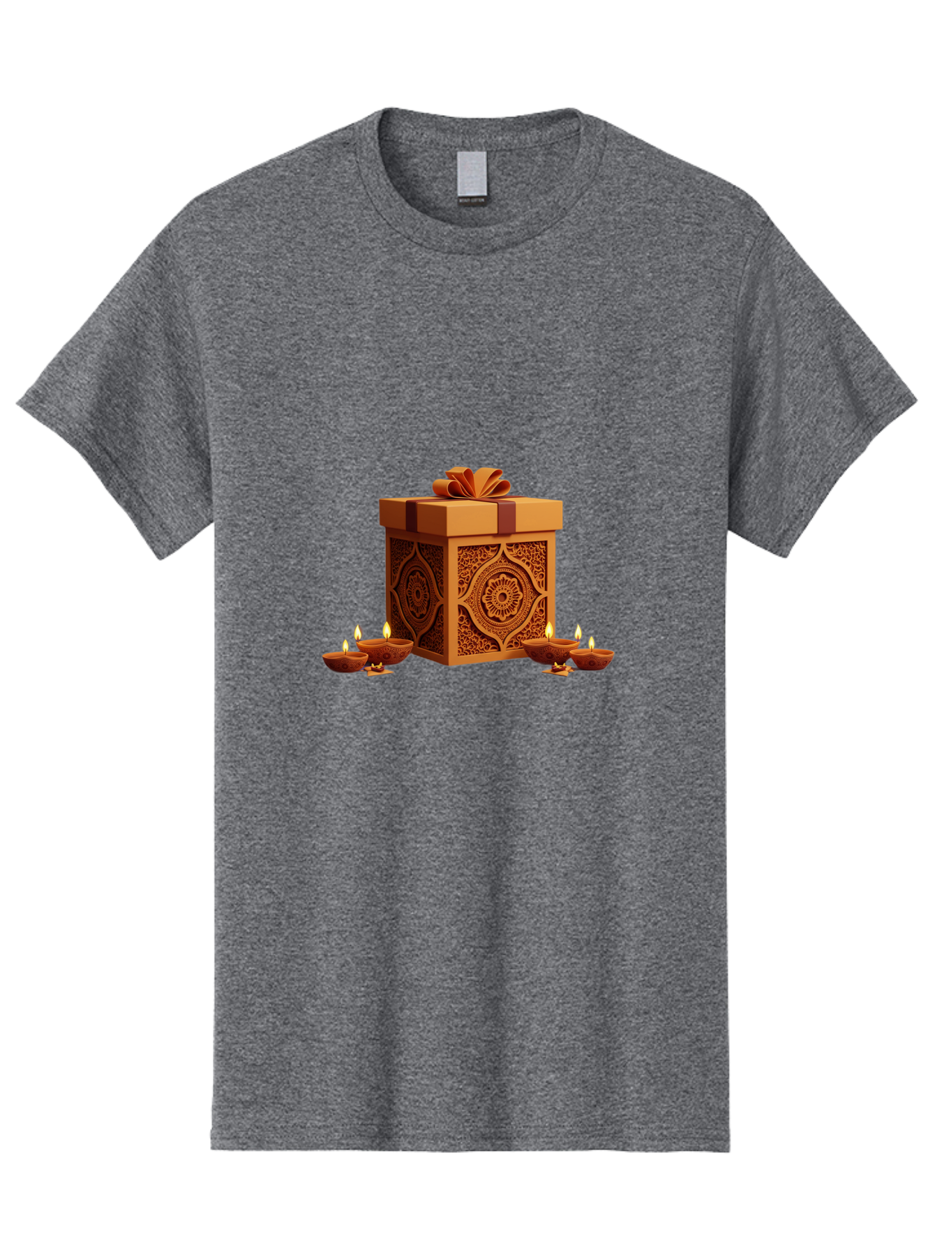 Gift-Box-With-Diyas-1 Men'S Graphic Tee, 100% Cotton, Comfortable Casual Summer Wear, Machine Washable, Gift Box, Diyas, Diwali Decorations, Traditional Indian Lamps, Festive Atmosphere, Golden Gift, Intricate Designs, Celebratory Ambiance, Bad141