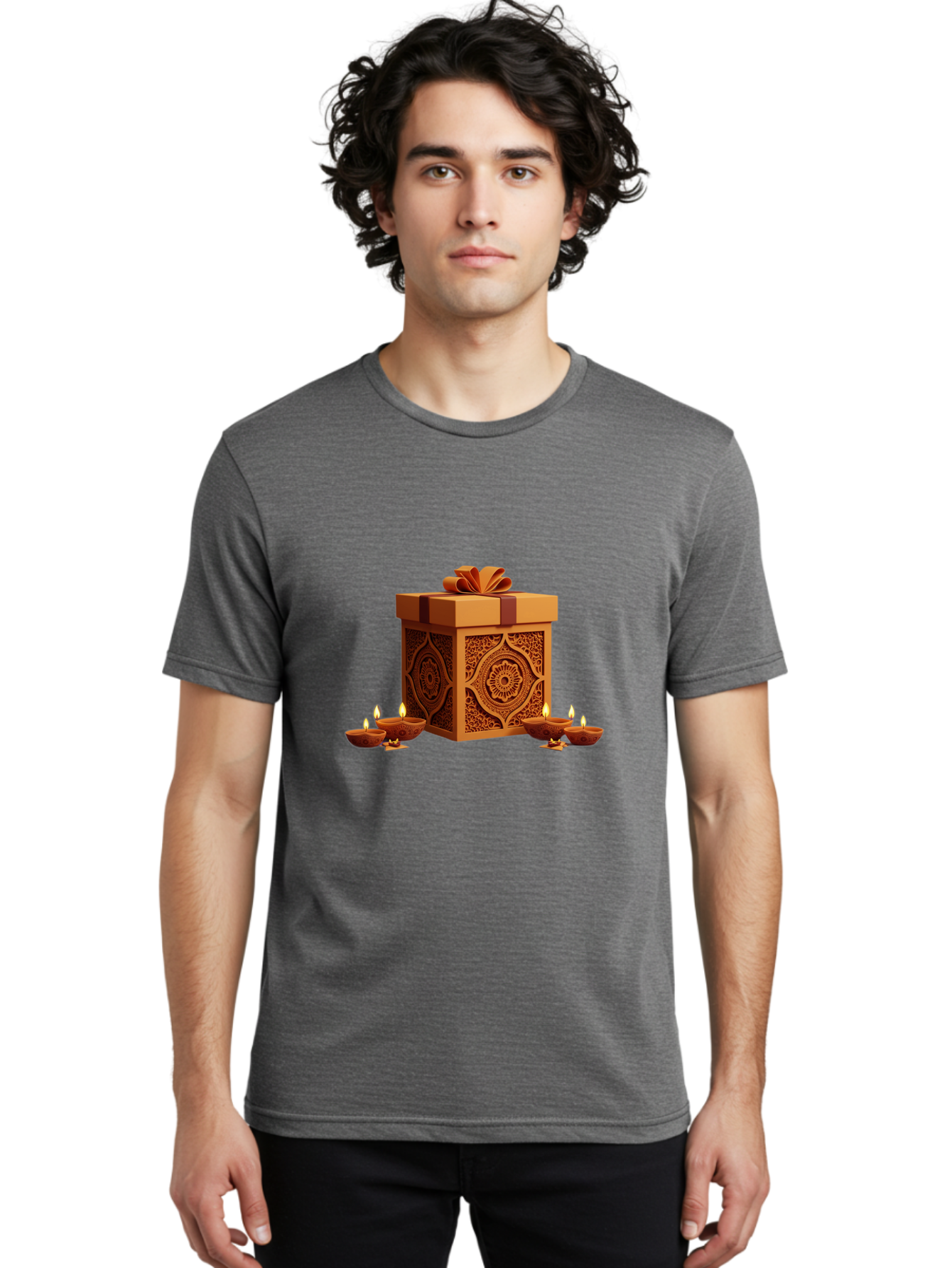 Gift-Box-With-Diyas-1 Men'S Graphic Tee, 100% Cotton, Comfortable Casual Summer Wear, Machine Washable, Gift Box, Diyas, Diwali Decorations, Traditional Indian Lamps, Festive Atmosphere, Golden Gift, Intricate Designs, Celebratory Ambiance, Bad141