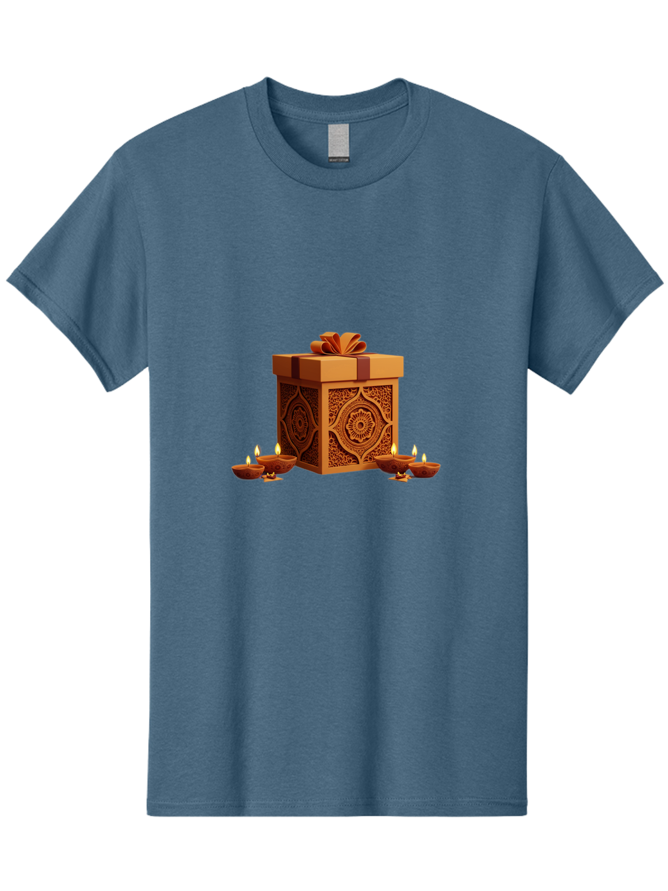 Gift-Box-With-Diyas-1 Men'S Graphic Tee, 100% Cotton, Comfortable Casual Summer Wear, Machine Washable, Gift Box, Diyas, Diwali Decorations, Traditional Indian Lamps, Festive Atmosphere, Golden Gift, Intricate Designs, Celebratory Ambiance, Bad141