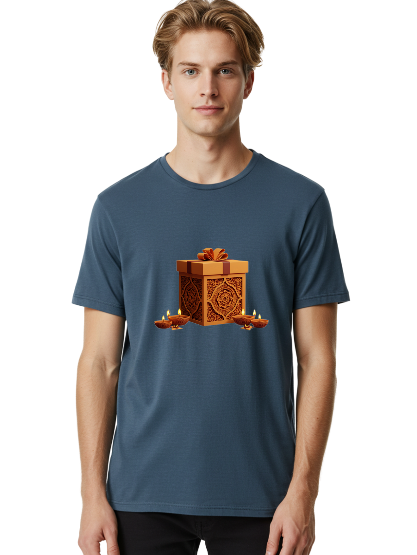 Gift-Box-With-Diyas-1 Men'S Graphic Tee, 100% Cotton, Comfortable Casual Summer Wear, Machine Washable, Gift Box, Diyas, Diwali Decorations, Traditional Indian Lamps, Festive Atmosphere, Golden Gift, Intricate Designs, Celebratory Ambiance, Bad141