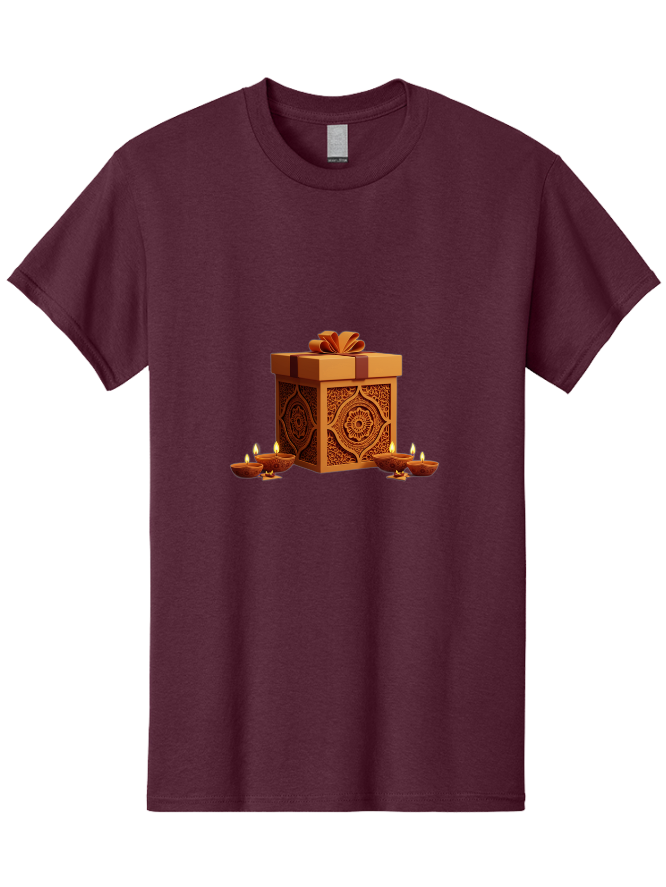 Gift-Box-With-Diyas-1 Men'S Graphic Tee, 100% Cotton, Comfortable Casual Summer Wear, Machine Washable, Gift Box, Diyas, Diwali Decorations, Traditional Indian Lamps, Festive Atmosphere, Golden Gift, Intricate Designs, Celebratory Ambiance, Bad141