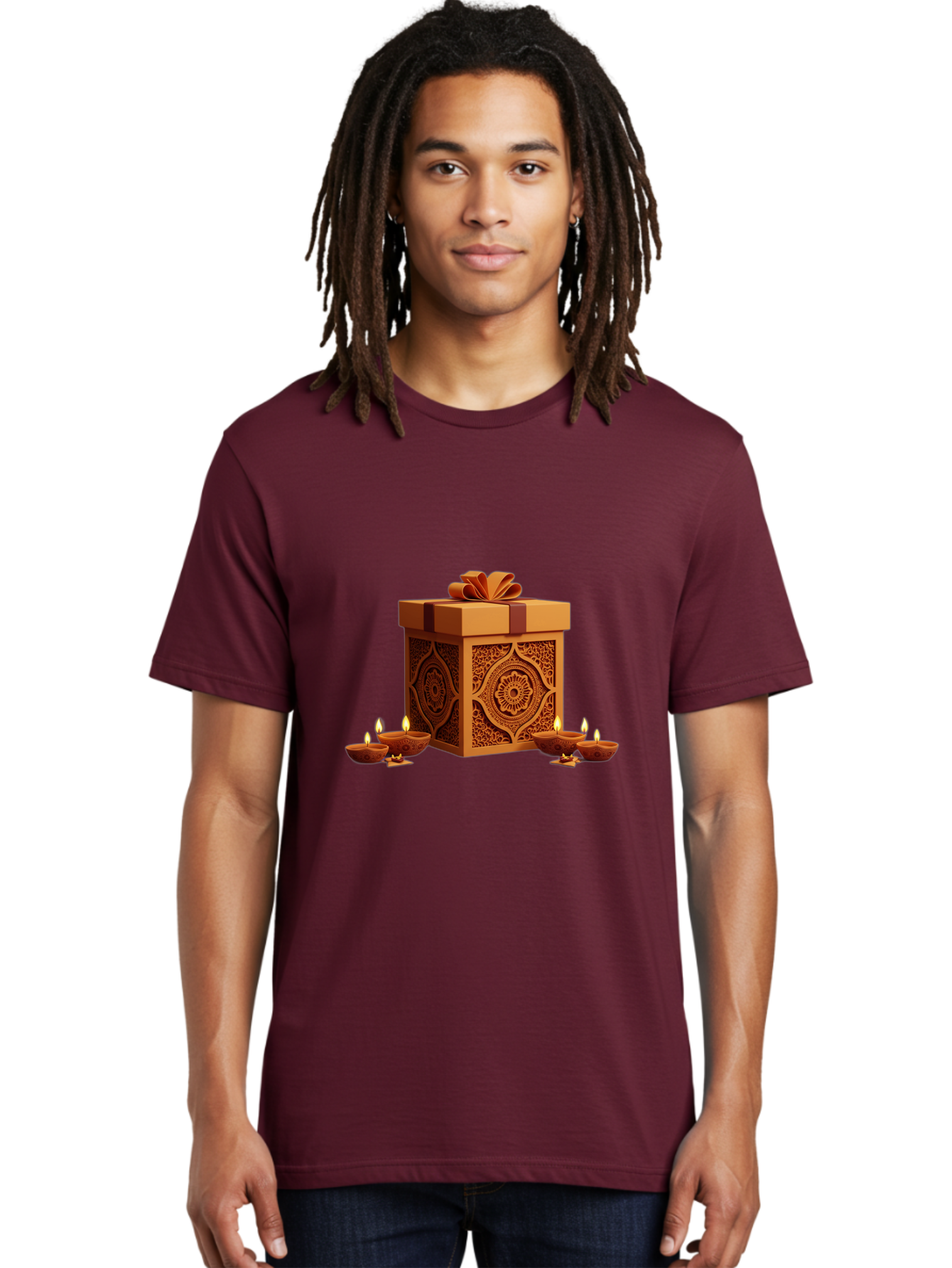 Gift-Box-With-Diyas-1 Men'S Graphic Tee, 100% Cotton, Comfortable Casual Summer Wear, Machine Washable, Gift Box, Diyas, Diwali Decorations, Traditional Indian Lamps, Festive Atmosphere, Golden Gift, Intricate Designs, Celebratory Ambiance, Bad141