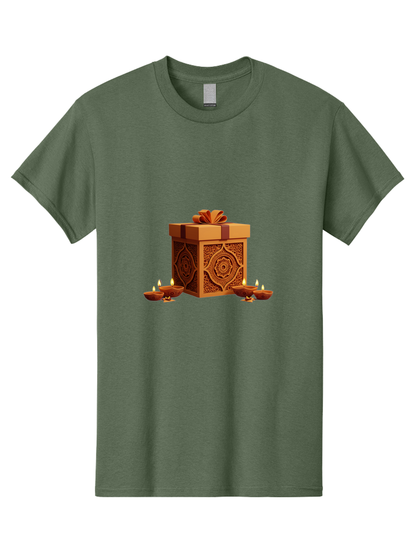 Gift-Box-With-Diyas-1 Men'S Graphic Tee, 100% Cotton, Comfortable Casual Summer Wear, Machine Washable, Gift Box, Diyas, Diwali Decorations, Traditional Indian Lamps, Festive Atmosphere, Golden Gift, Intricate Designs, Celebratory Ambiance, Bad141