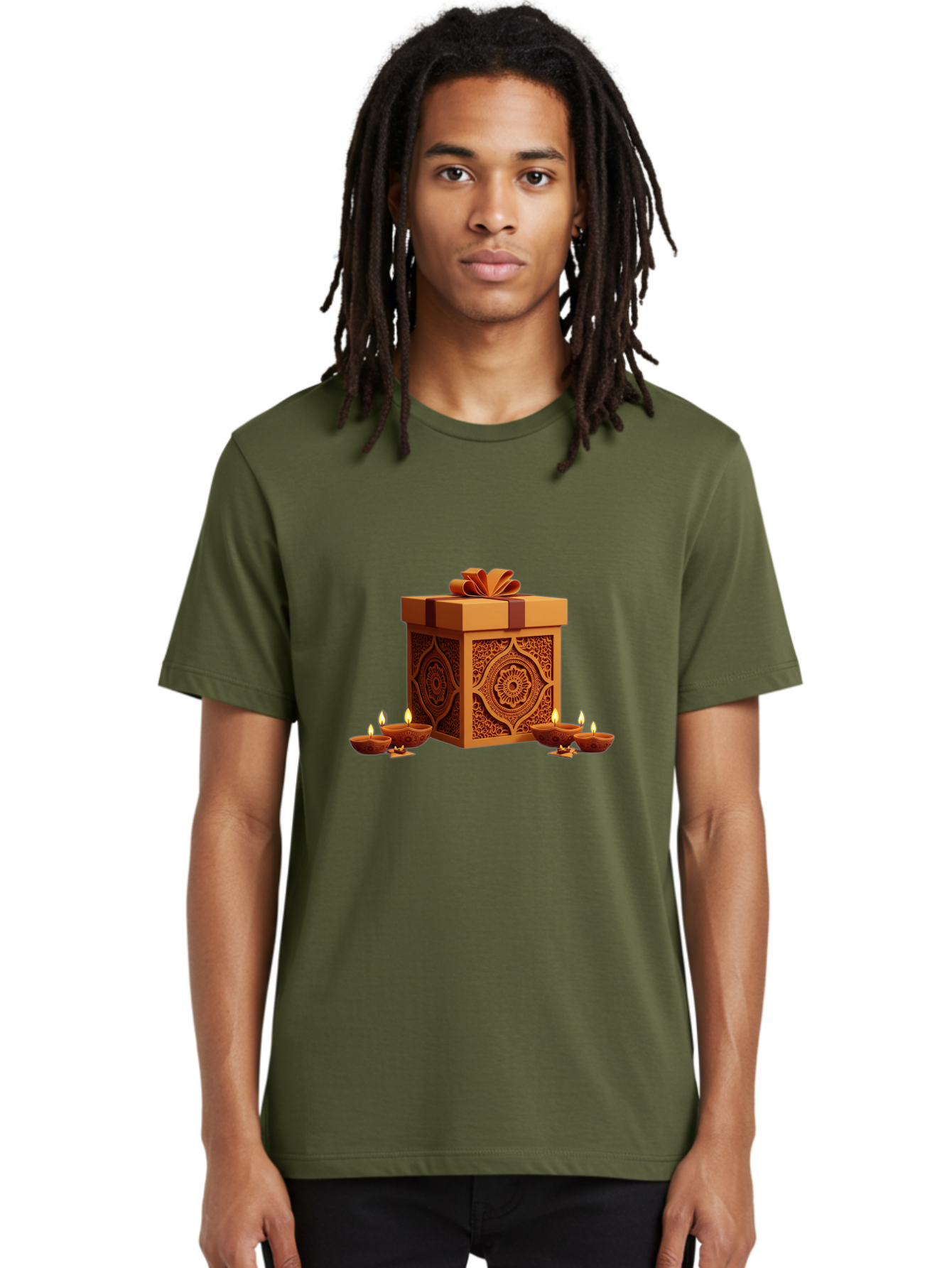 Gift-Box-With-Diyas-1 Men'S Graphic Tee, 100% Cotton, Comfortable Casual Summer Wear, Machine Washable, Gift Box, Diyas, Diwali Decorations, Traditional Indian Lamps, Festive Atmosphere, Golden Gift, Intricate Designs, Celebratory Ambiance, Bad141