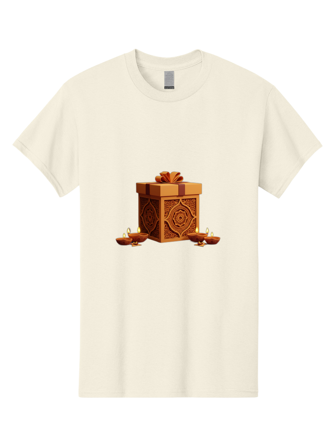 Gift-Box-With-Diyas-1 Men'S Graphic Tee, 100% Cotton, Comfortable Casual Summer Wear, Machine Washable, Gift Box, Diyas, Diwali Decorations, Traditional Indian Lamps, Festive Atmosphere, Golden Gift, Intricate Designs, Celebratory Ambiance, Bad141