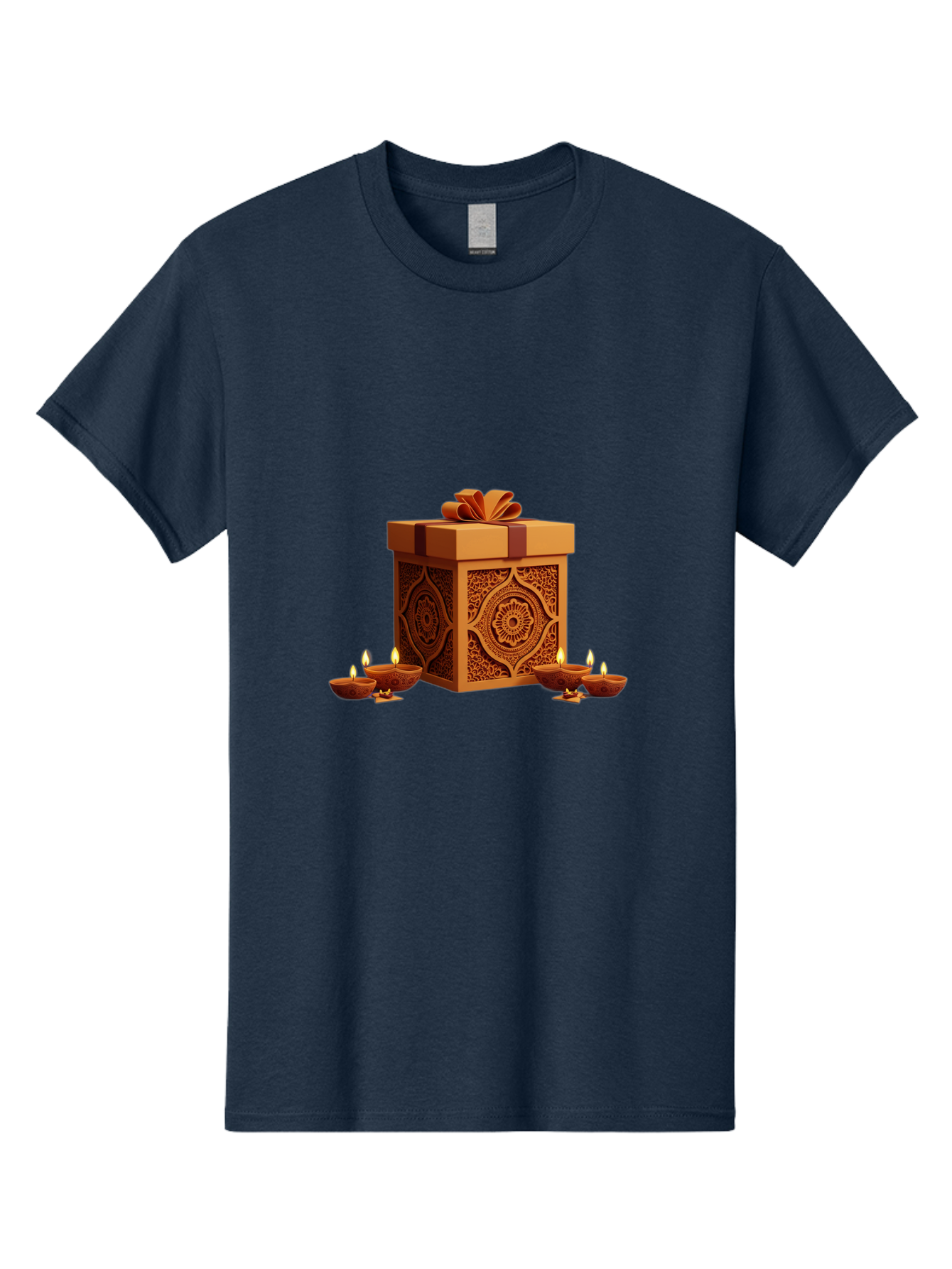 Gift-Box-With-Diyas-1 Men'S Graphic Tee, 100% Cotton, Comfortable Casual Summer Wear, Machine Washable, Gift Box, Diyas, Diwali Decorations, Traditional Indian Lamps, Festive Atmosphere, Golden Gift, Intricate Designs, Celebratory Ambiance, Bad141
