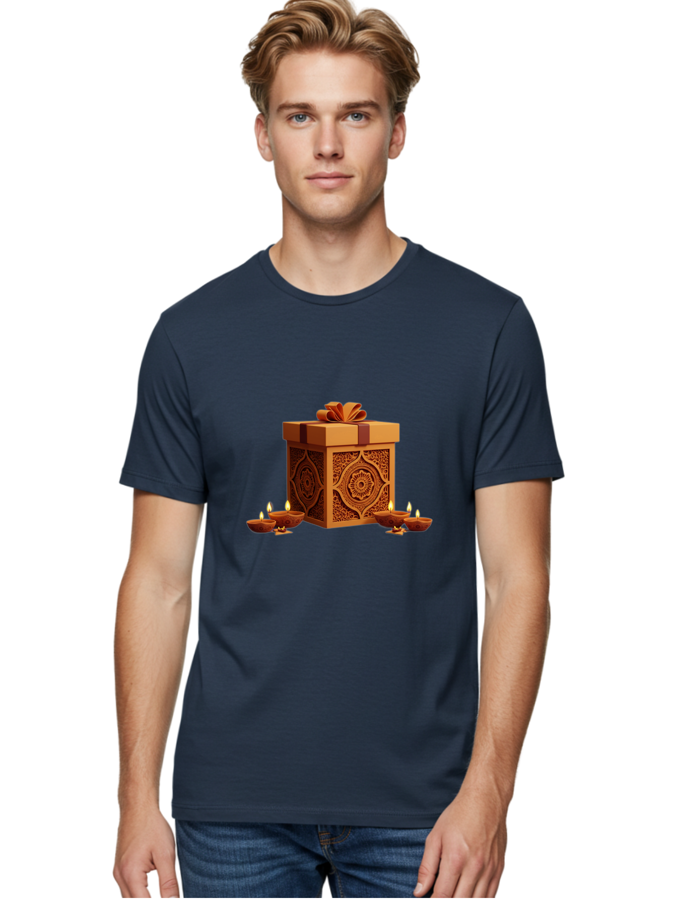 Gift-Box-With-Diyas-1 Men'S Graphic Tee, 100% Cotton, Comfortable Casual Summer Wear, Machine Washable, Gift Box, Diyas, Diwali Decorations, Traditional Indian Lamps, Festive Atmosphere, Golden Gift, Intricate Designs, Celebratory Ambiance, Bad141